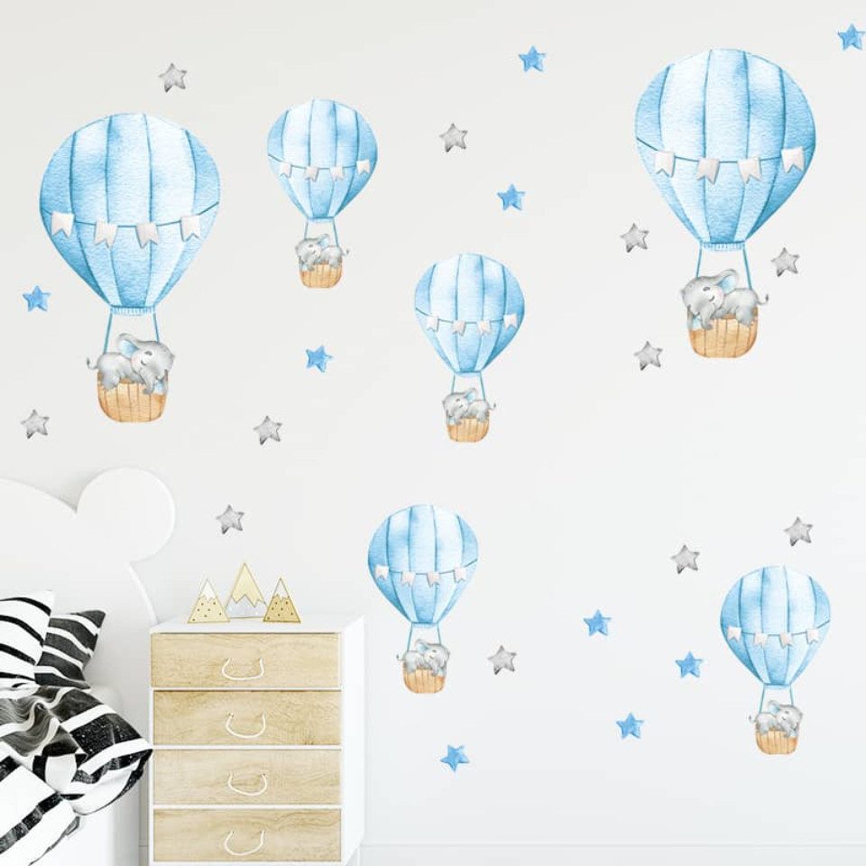 Montegoni Wandsticker Blaue Babyelefant Wandsticker mit Heißluftballon und Sternen, Selbstklebende Wandsticker, leicht entfernbar – Bild 4 von 5