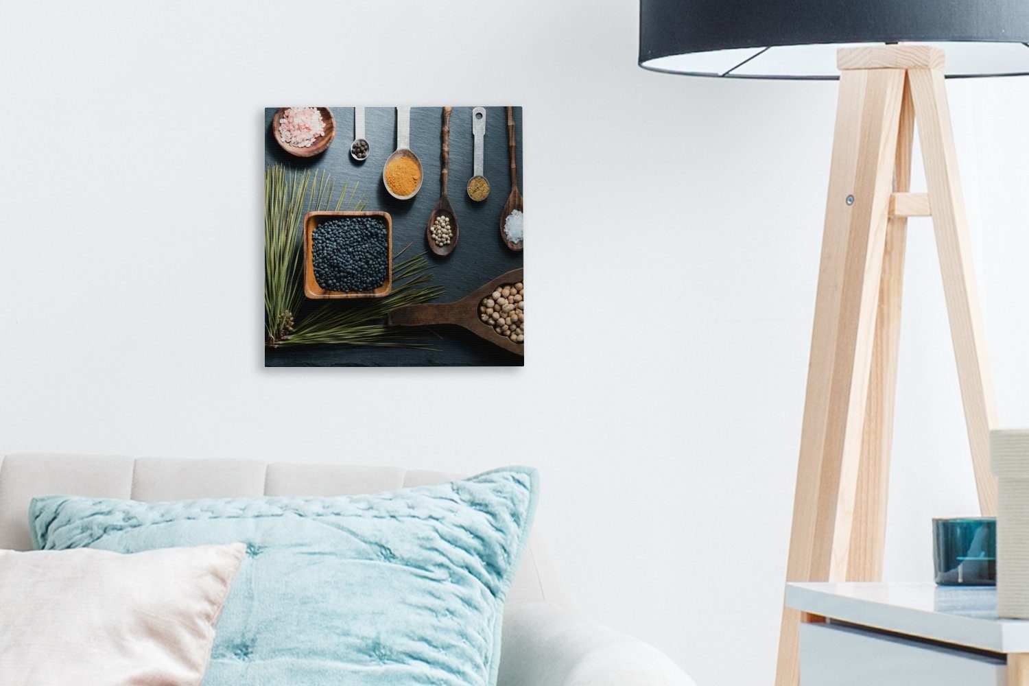 OneMillionCanvasses® Leinwandbild Kräuter - Löffel - Gewürze - Küche, Fotodruck (1 St), Wandbild, Deko Schlafzimmer Wohnzimmer Flur 20x20 cm