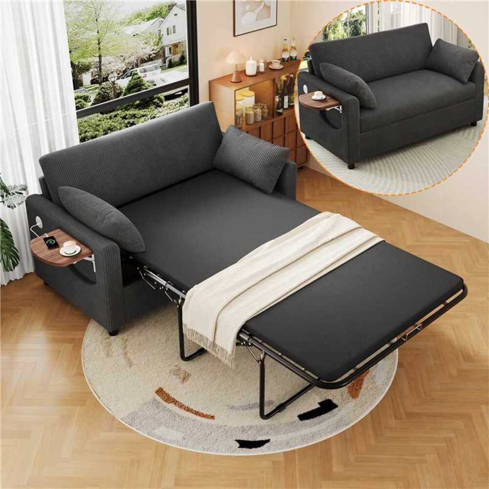 OKWISH Schlafsofa 2-Sitzer Sofa 134x82x84 cm aus Cord mit Schlaffunktion, Matratze, 2 Laken & Kissen für Apartments 1 Teile, USB‑Anschluss, Klapptisch & Seitentasche
