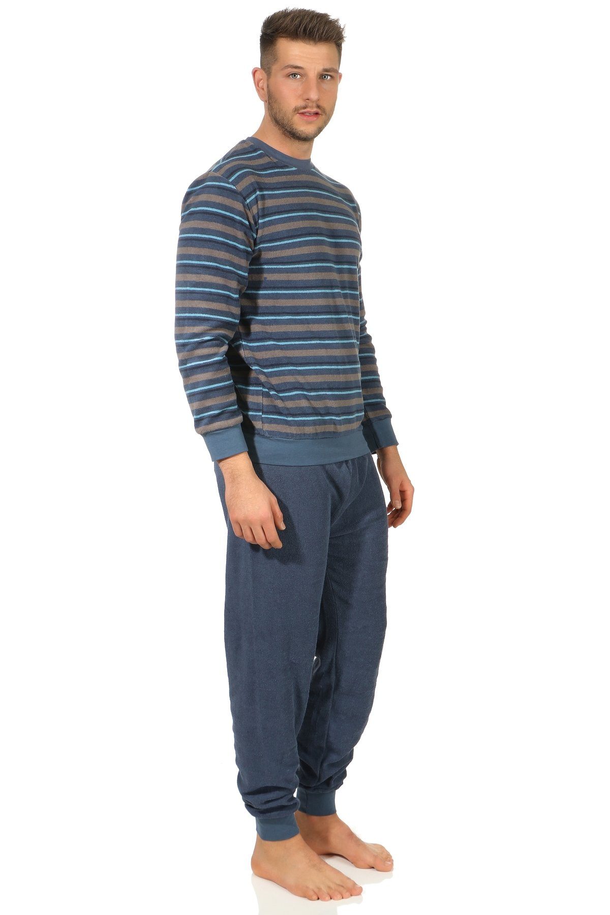 Normann Pyjama Herren Frottee langarm Schlafanzug mit Bündchen in Streifeno günstig online kaufen