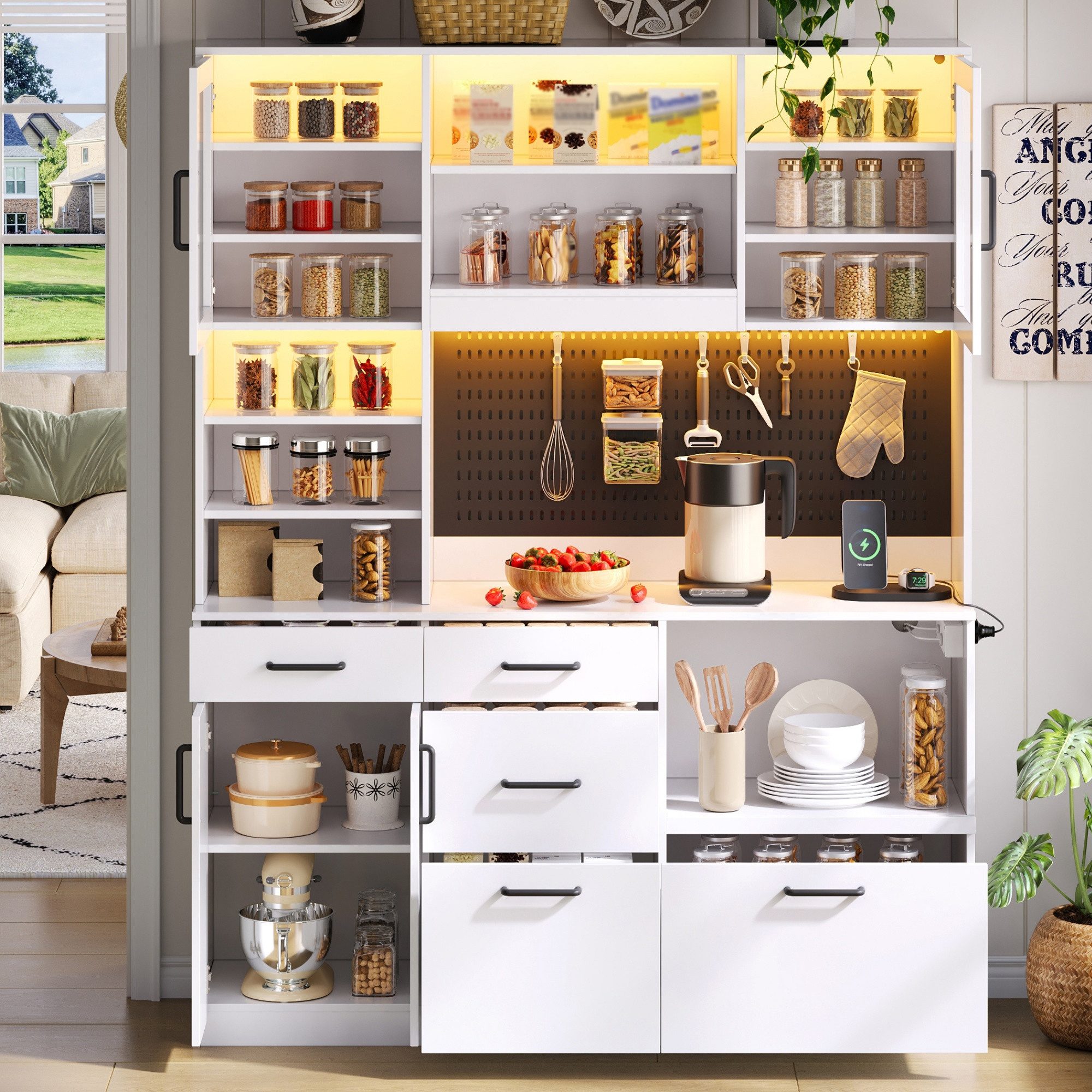 Flieks Küchenbuffet Hochschrank mit Arbeitsplatte, LED-Beleuchtung, Lochplatte, Steckdosen (B145/T40/H185 cm, 1-St) Küchenschrank Mehrzweckschrank mit verstellb – Bild 3 von 5