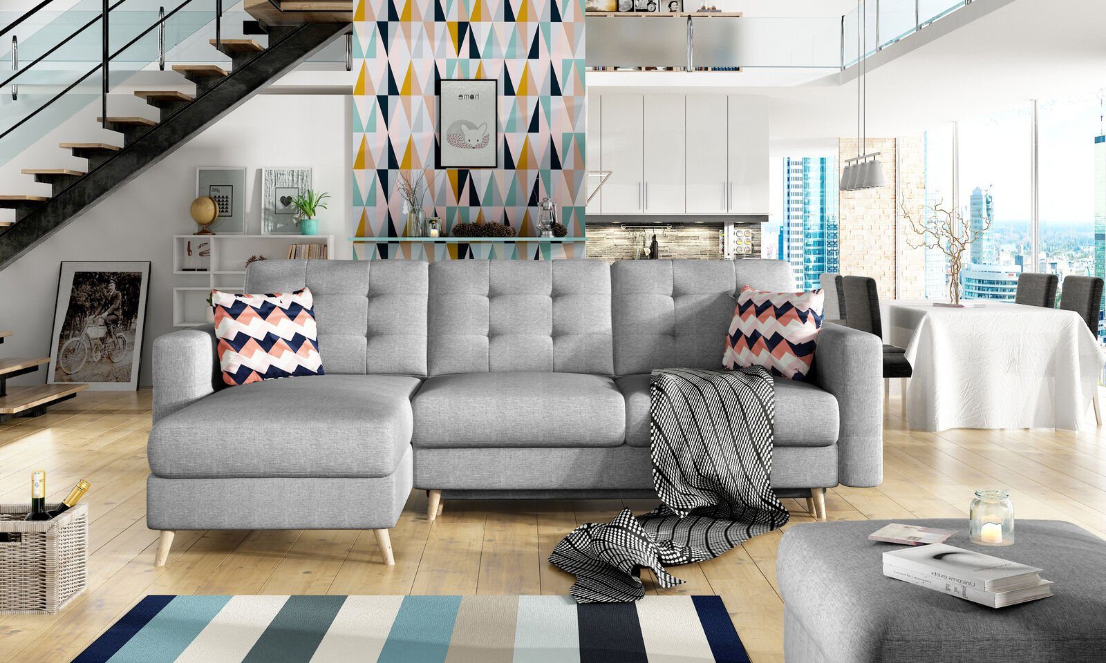 JVmoebel Ecksofa Design Blaues Ecksofa Schlafsofa mit Bettfunktion Polstermöbel Neu, Made in Europe Grau