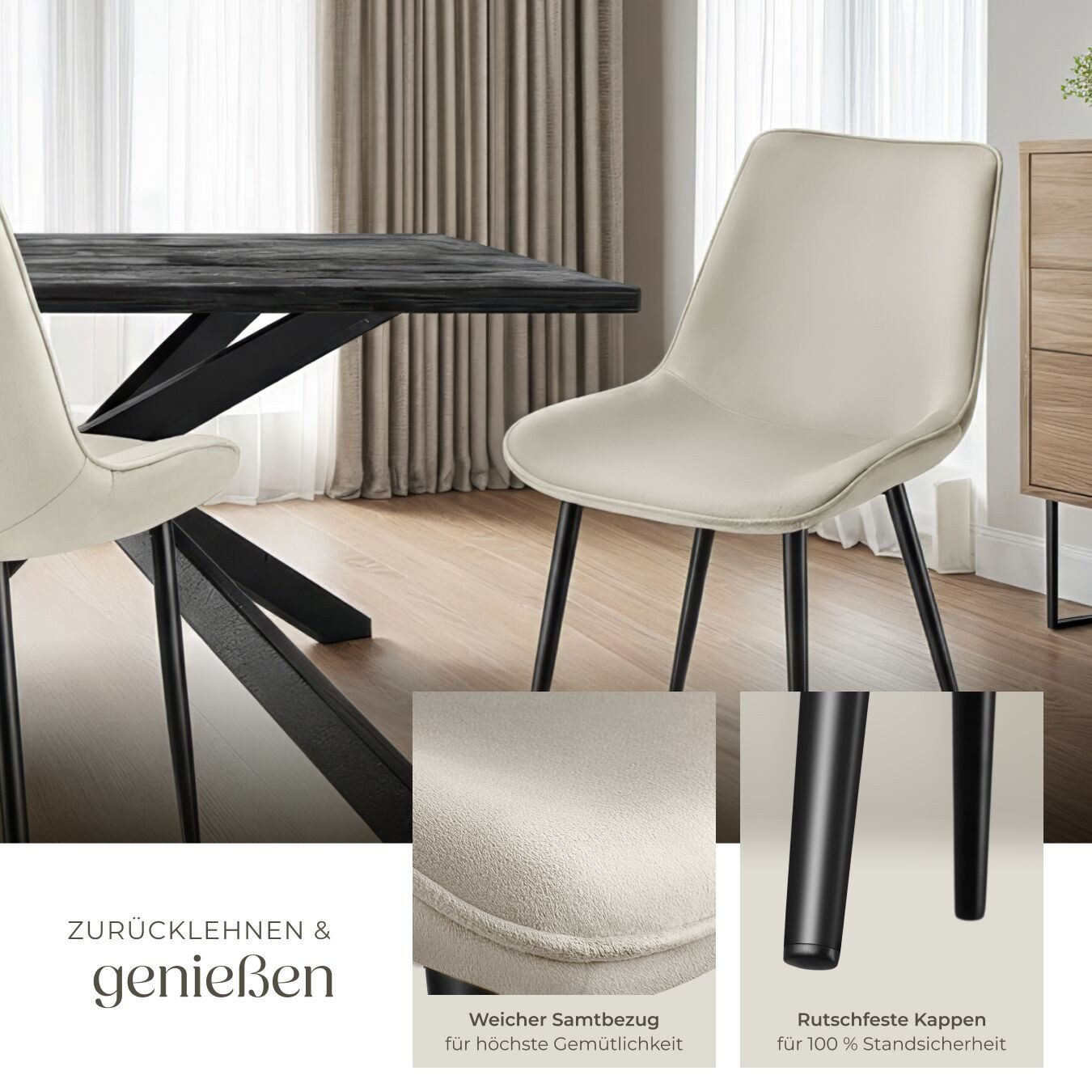 tectake Esszimmerstuhl Set Stuhl Monroe Samtoptik (Set, 2 St), Ergonomisch geformte Sitzschale mit großer Rückenlehne