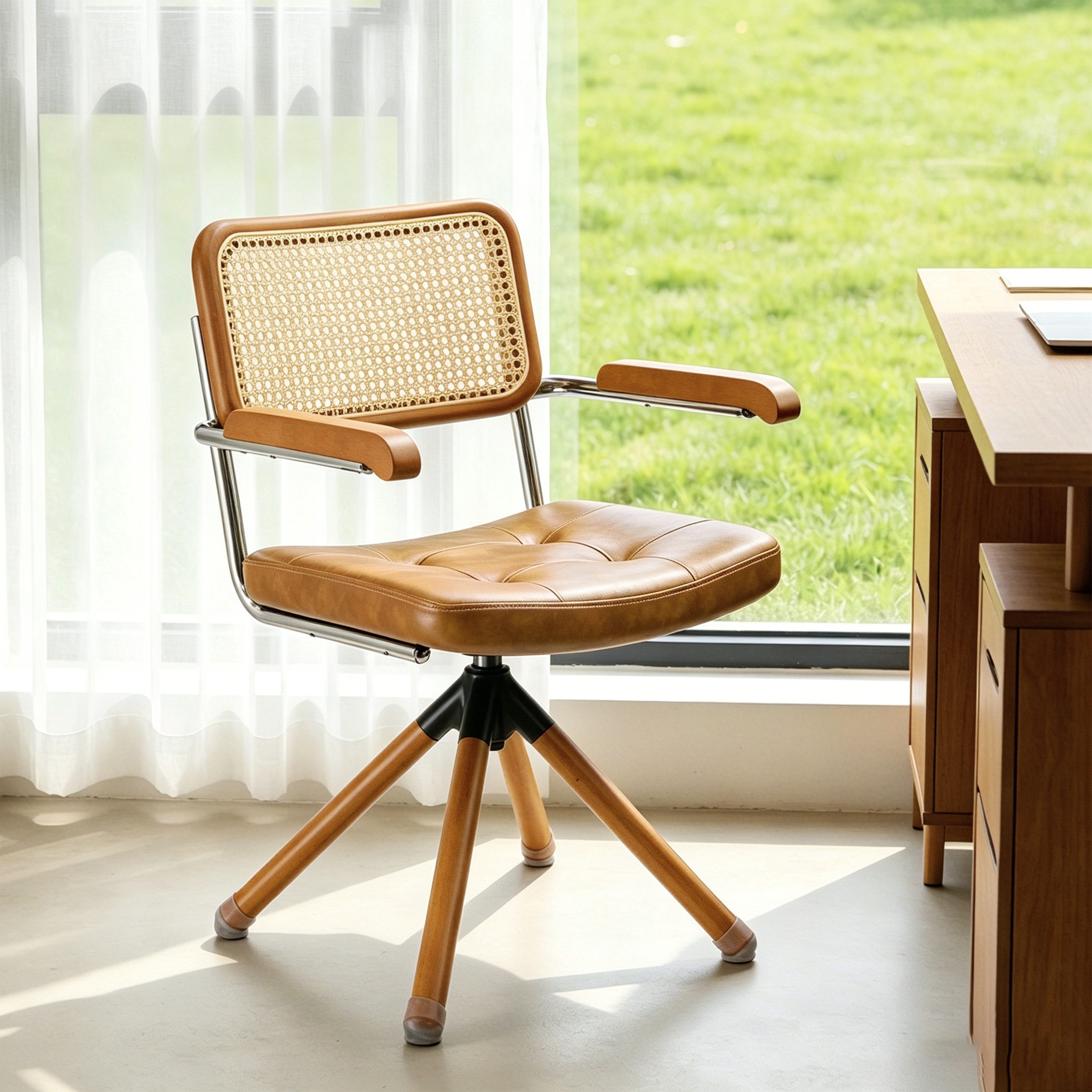 Art Leon Esszimmerstuhl CC058-New (360 Grad Drehbar Brüostuhl Mid Century Modern Drehstuhl ohne Rollen Farbe in Braun/Grün/Schwarz, 1 St), Kunstleder gepolsterter Bürostuhl mit Holzbeine
