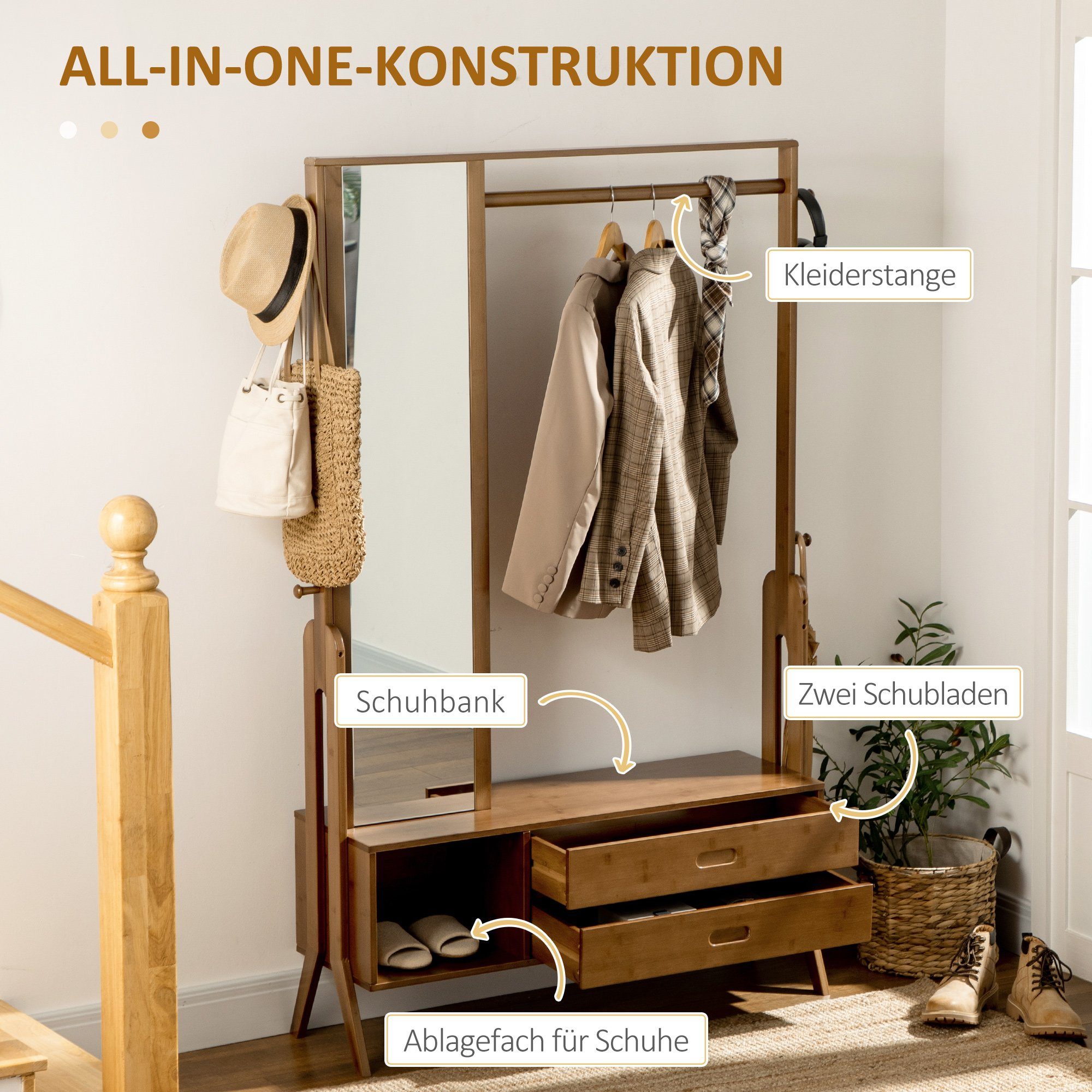 JARSTOL Garderobe Milo I 189x100cm - Mit Spiegel & Kleiderstange In Eiche Optik