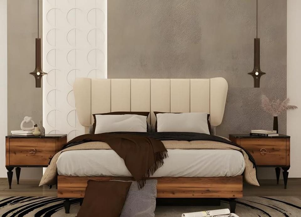 JVmoebel Komplettschlafzimmer Schlafzimmer Garnitur 5tlg. Doppelbett Nachttische Schrank Holz Braun, (5-tlg., Bett, 2xNachttische, Kleiderschrank, Schminktisch), Made in Europe