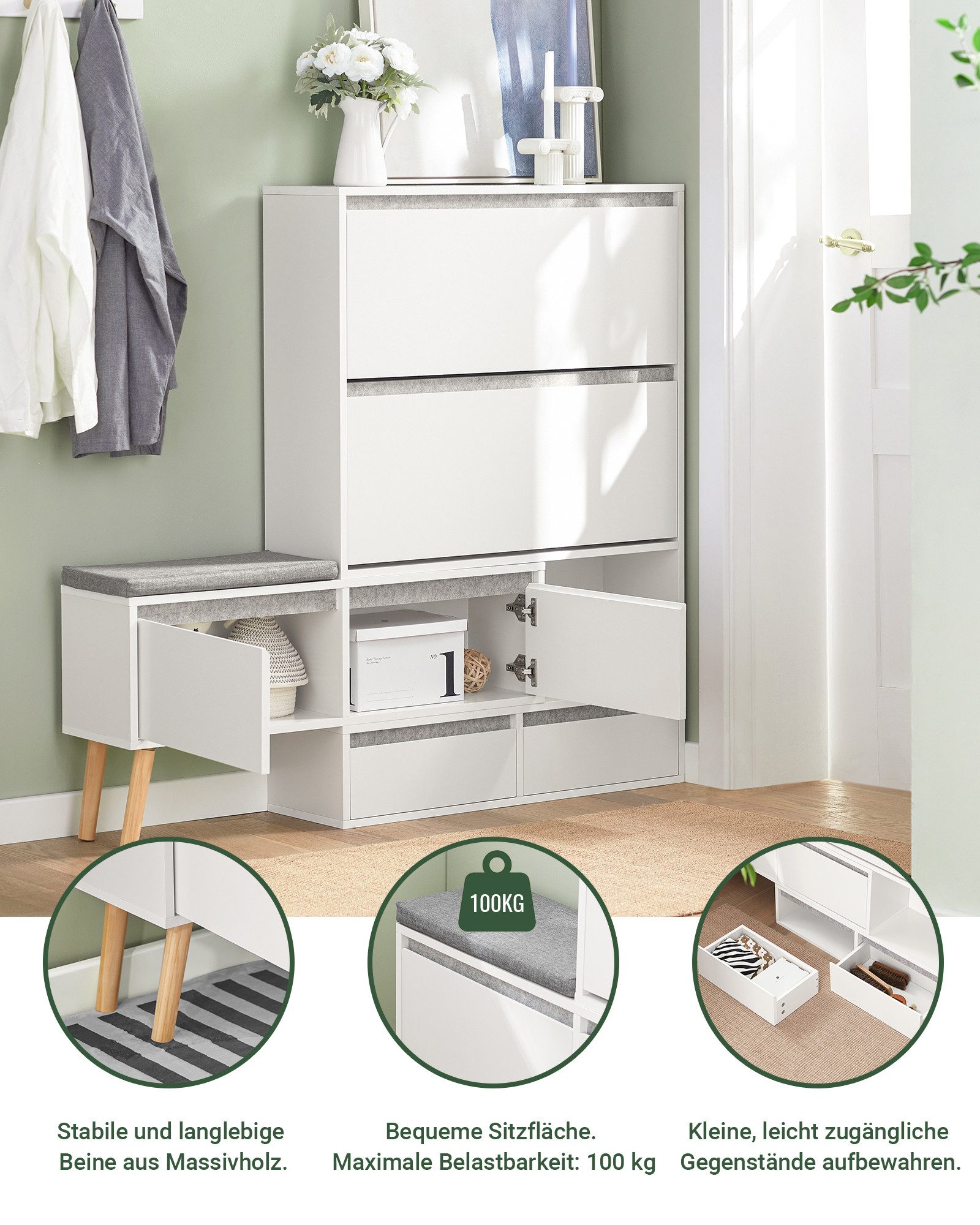 SoBuy Schuhschrank FSR134, Schuhkipper Schuhschrank mit Sitzbank Schuhbank mit Sitzfläche Schuhablage mit 2 Klappen, 2 Türen und 2 Schubladen Flurschrank