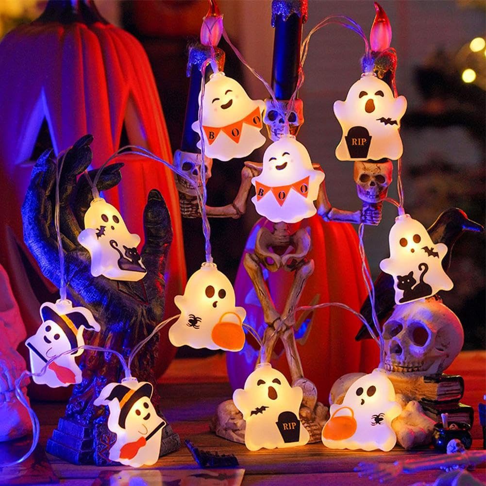 nsihing LED-Lichterkette LED Lichterkette Halloween Deko, Geisterlichter, 10-flammig, Batteriebetriebene Lichterkette mit 10 warmweißen Gespenstern