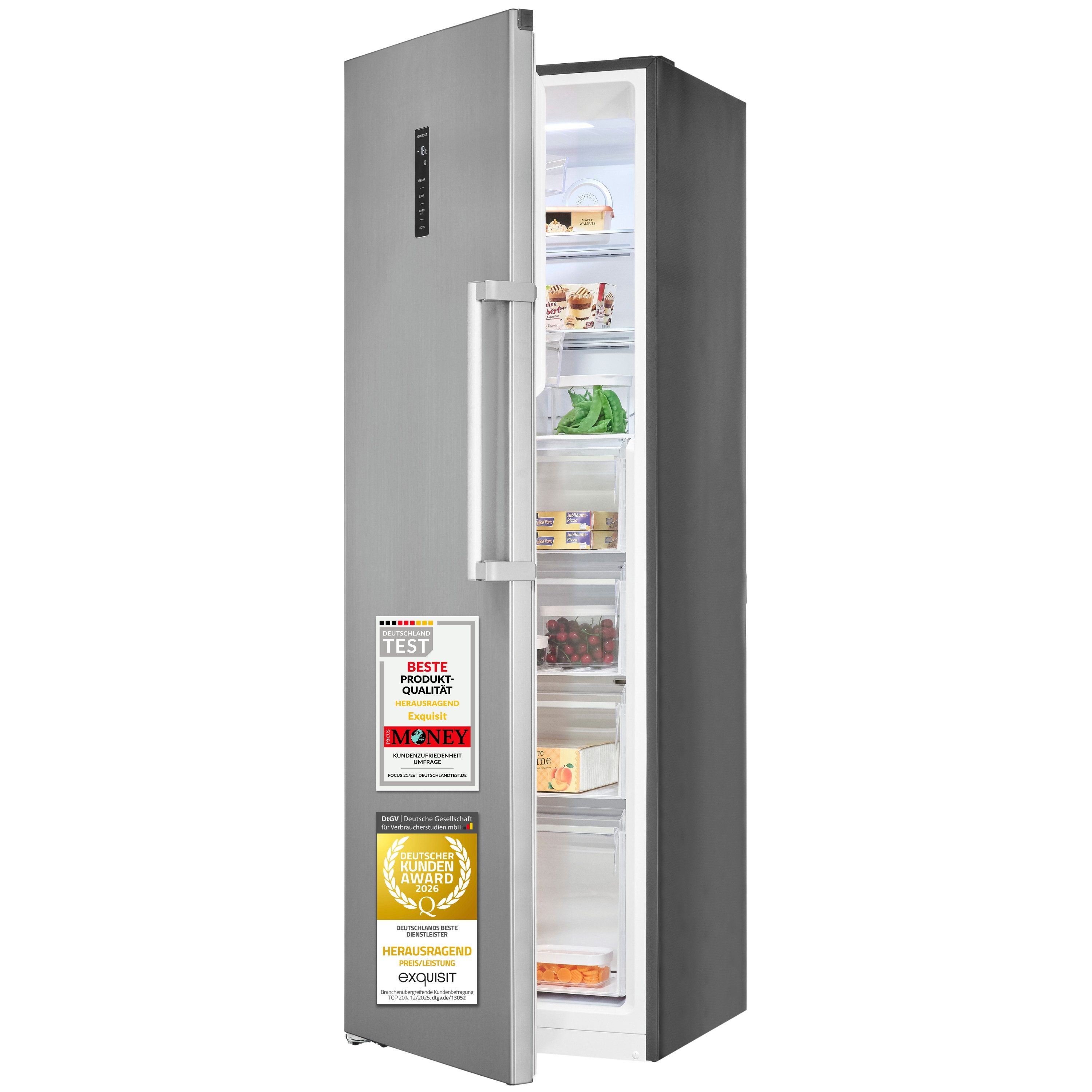 exquisit Gefrierschrank GS5295-NF-H-040C, 185 cm hoch, 60 cm breit, 274 l Nutzinhalt, 17,0 kg, 3 Gefrierschubladen, Energieklasse C