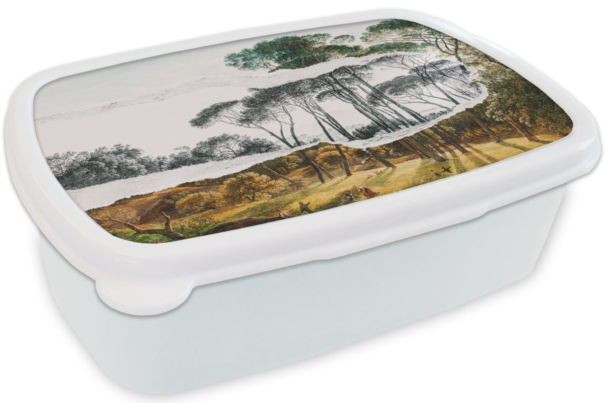 Jungs - - weiß und Italienische Kunststoff, MuchoWow Landschaft Erwachsene, Kunst Brotdose, Mädchen Voogd -, Hendrik Kinder und Lunchbox Schirmkiefern Brotbox für (2-tlg), für