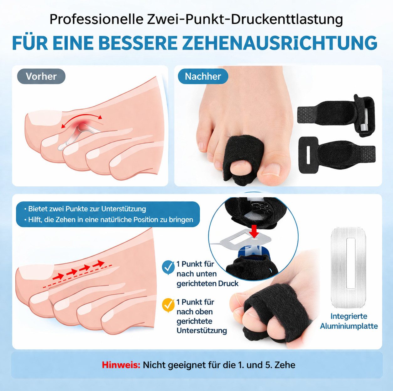 COOL-i ® Fußbandage Zehenschiene mit Aluminiumstütze, verstellbare Zehenbandage, rutschhemmend & atmungsaktiv