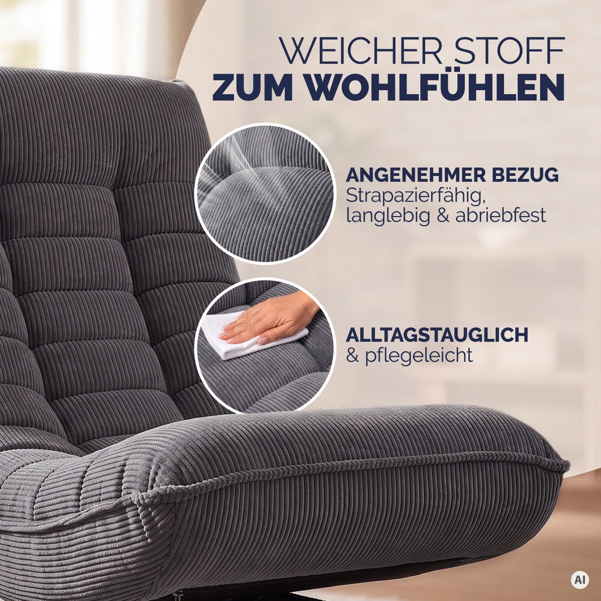 Casaria Relaxsessel Aberdeen Cord, verstellbare Lehne Drehbar Klappbar 150kg Belastbarkeit 60x105x87cm – Bild 5 von 5