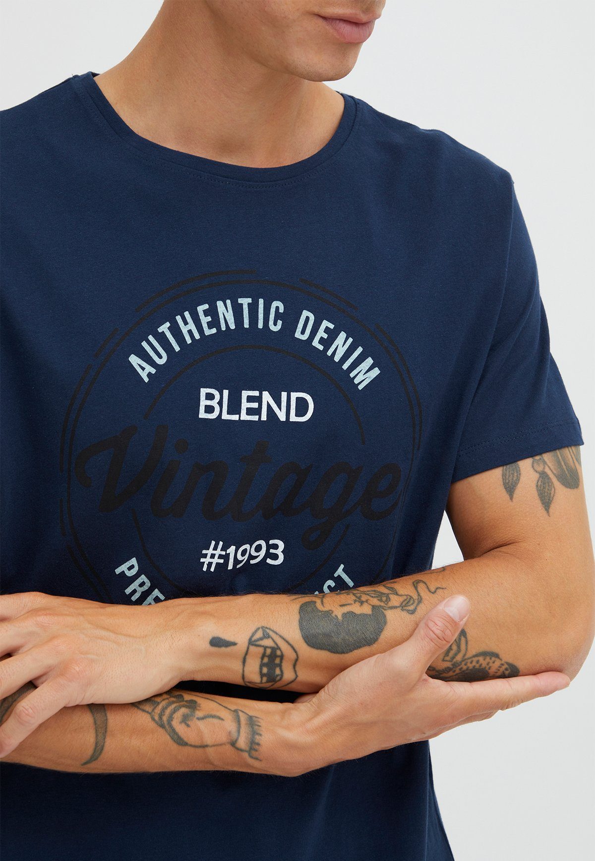Print Fit in T-Shirt Baumwolle Logo Blend 4387 T-Shirt Shirt Dunkelblau Rundhals Kurzarm Regular