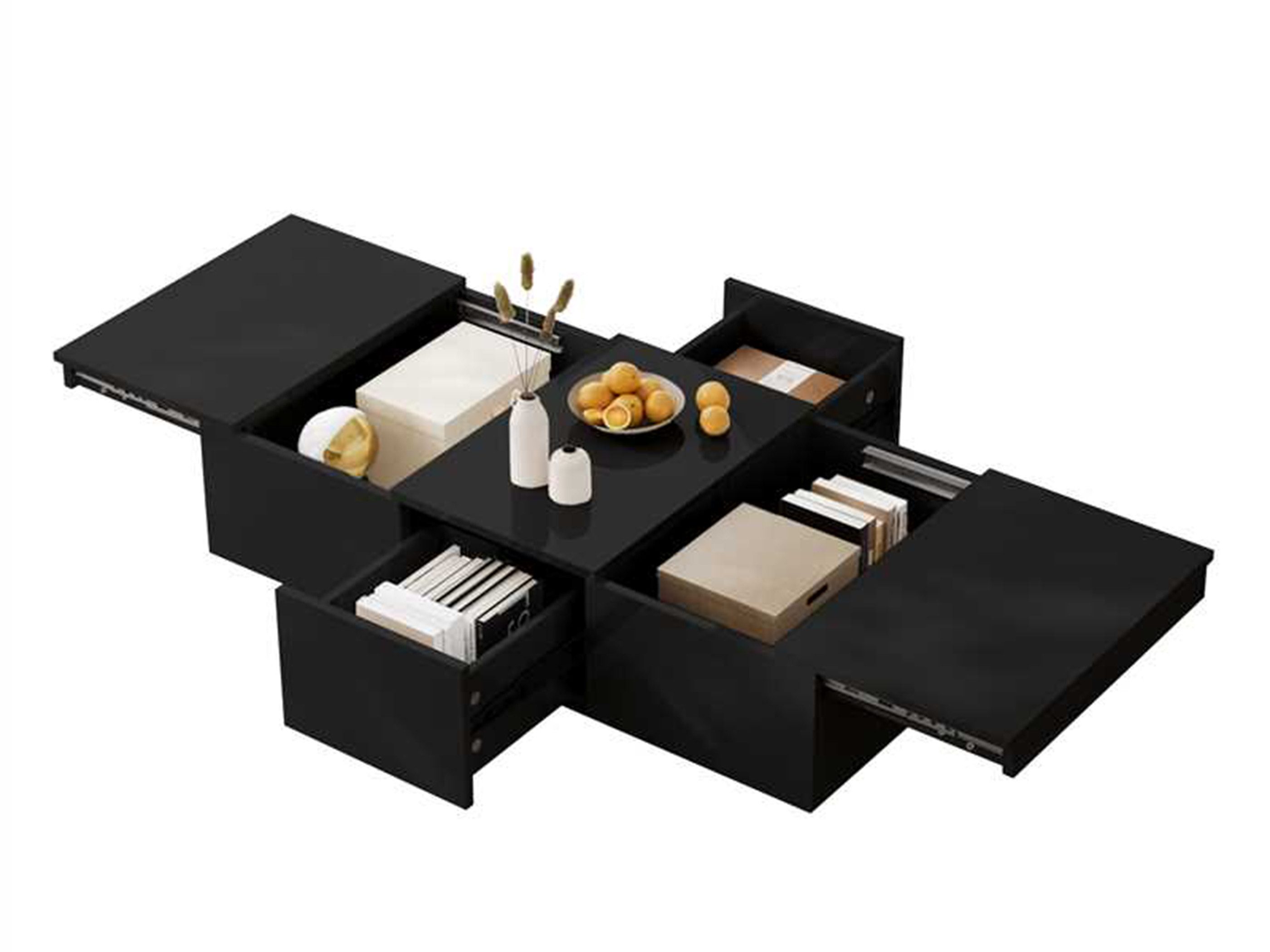 SeedWave Couchtisch Moderner Sofatisch mit Ausziehbaren Tischplatten, Verstecktem Stauraum, 2 Schubladen, hochglänzende Oberflächen