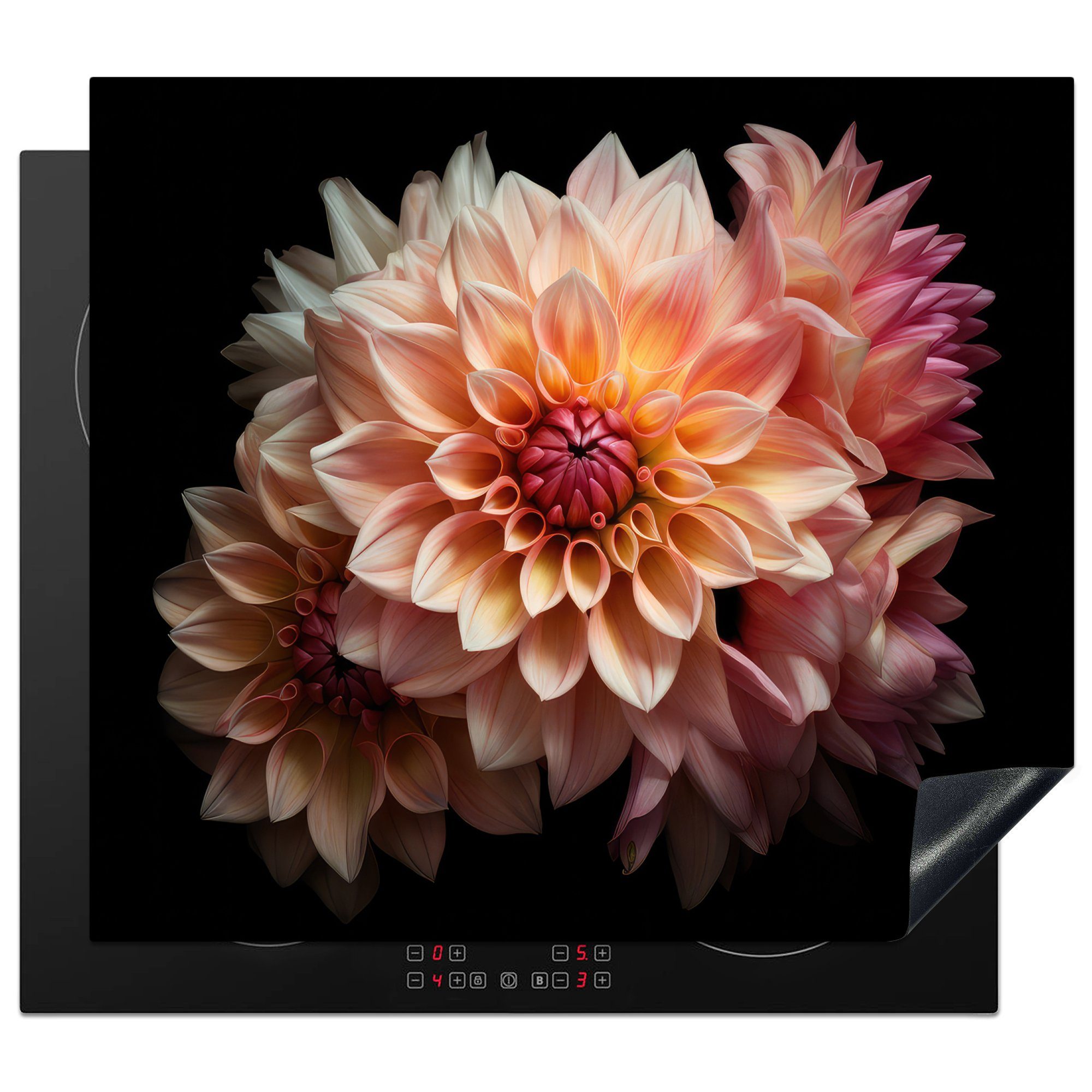 MuchoWow Herdblende-/Abdeckplatte Dahlie - Blumen - Rosa - Schwarz - Botanisch, Vinyl, (1 tlg), 60x52 cm, Mobile Arbeitsfläche nutzbar, Ceranfeldabdeckung