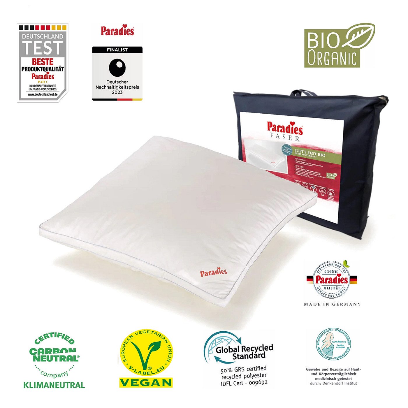 Paradies Kunstfaserkopfkissen Paradies Kopfkissen Softy Bio fest 80x80 hohes Bauschvolumen Außensteg, Füllung: Paradies Softys, Bezug: 100% Bio Baumwolle, Bauchschläfer, Rückenschläfer, Seitenschläfer
