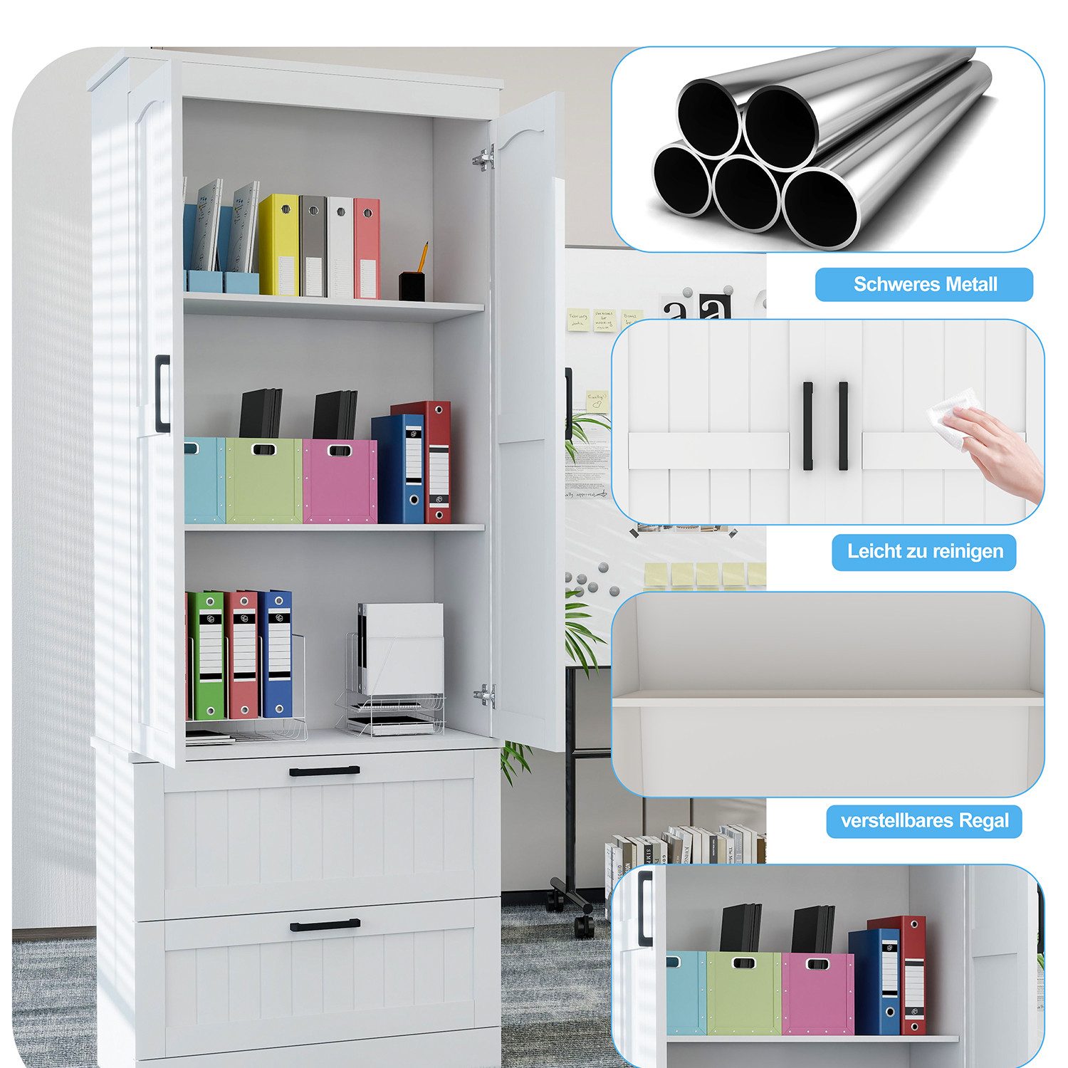 oyajia Hochschrank Mehrzweckschrank,Küchenschrank, 2 Türen und 2 Schubladen (Höhe 150cm mit variabel verstellbaren Einlegeböden) Vorratschrank, Weiß 30 x 60 x 150 cm (T x B x H)