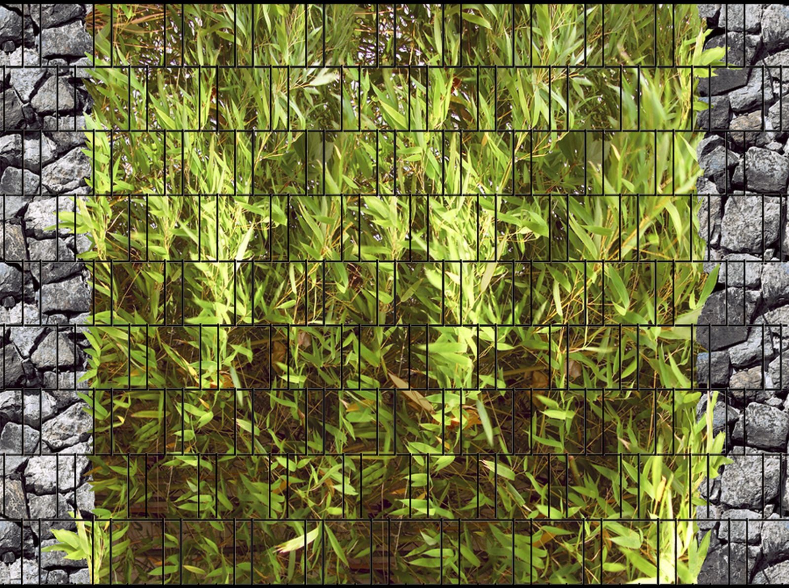 zaunzu Sichtschutzstreifen Bambus & Bruchstein - Bedruckter Sichtschutz 2,5m x 1,8m, (1 Rolle, Motivdruck Sichtschutzstreifen), Fotodruck für Doppelstabgitter