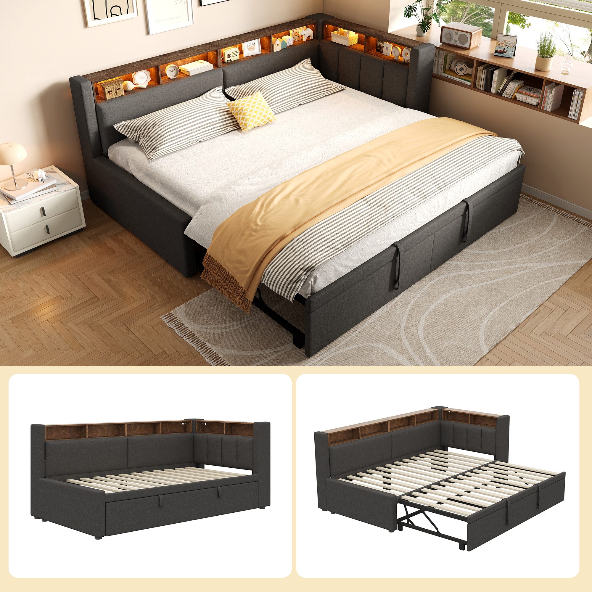 Sellamova Schlafsofa Tagesbett, Daybett, Multifunktionales Ausziehbett-Design, 90 x 200 cm, Ohne Matratze, Grau