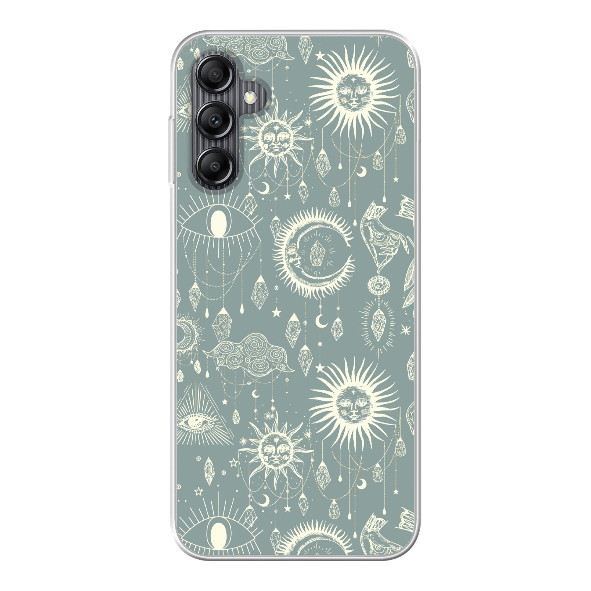 MuchoWow Handyhülle für Samsung Galaxy A14 5G Boho - Druck - Blau - Sonne - Augen - Zen, Smartphone-Bumper, Print, Handy Schutzhülle Dünn