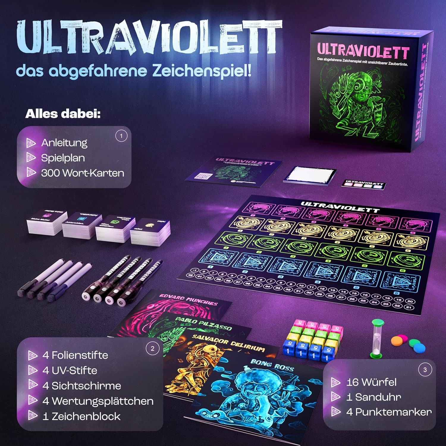 Kampfhummel Spiele Spiel Ultraviolett – Das Zeichenspiel mit unsichtbarer Zaubertinte, Zeichenspiel für Erwachsene, mit UV-Stiften und Licht, 3-4 Spieler