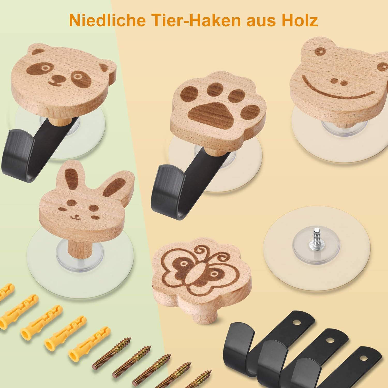 BlingBin Kleiderhaken 5pcs Holz Kleiderhaken Kinder Selbstklebender Wandhaken in Tiere-Form, Türen, Wand, (5 Stück, 5-St., 5pcs), Garderobenhaken Kleiderhaken W – Bild 2 von 5
