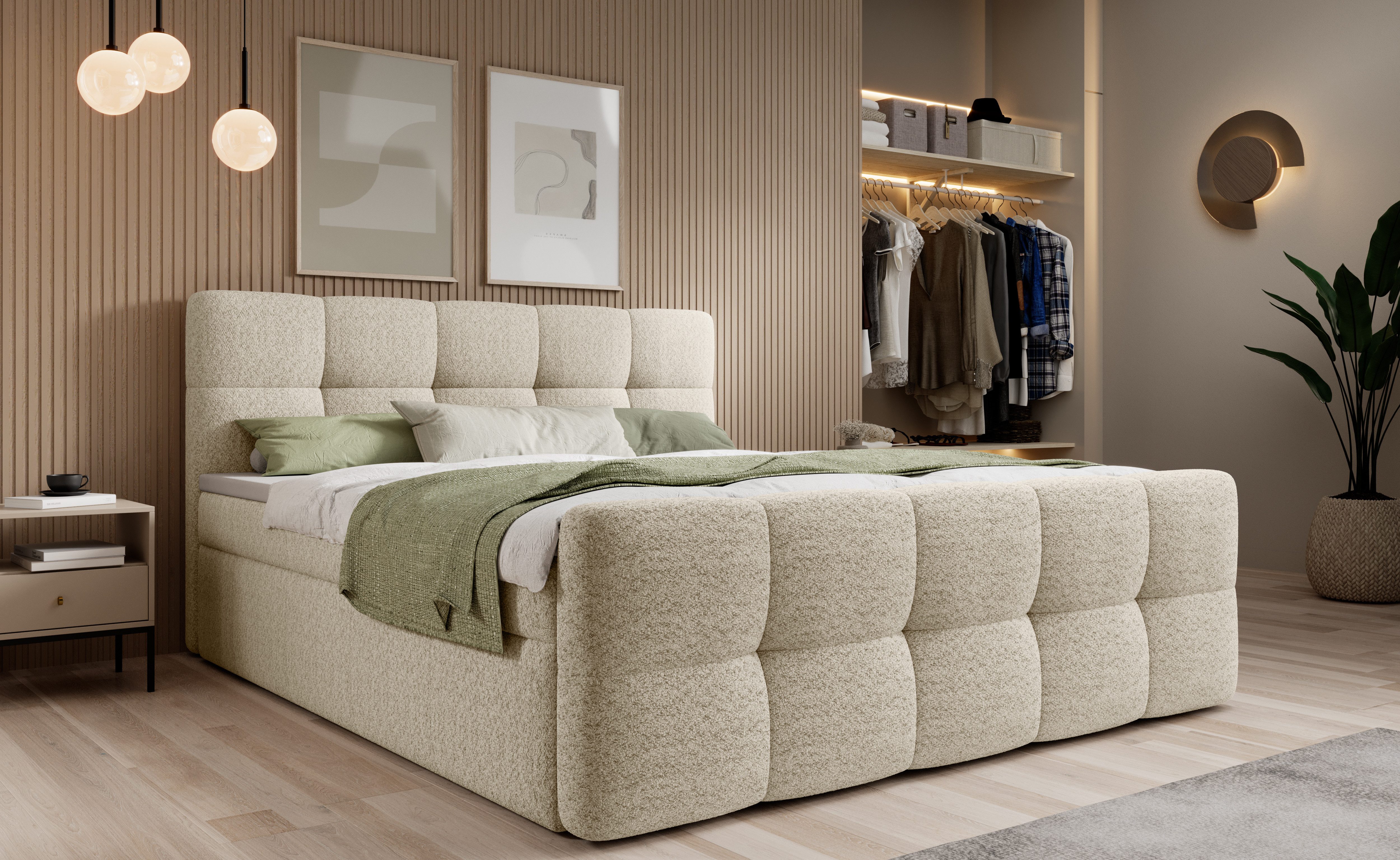 thematys Boxspringbett mit Bettkasten 140x200–200x200 cm – Velours oder Bouclé Bezug – (Polsterbett Bonnellfederkern Matratze H3 + Gratis 3cm Topper, Luxus Doppelbett mit Stauraum)