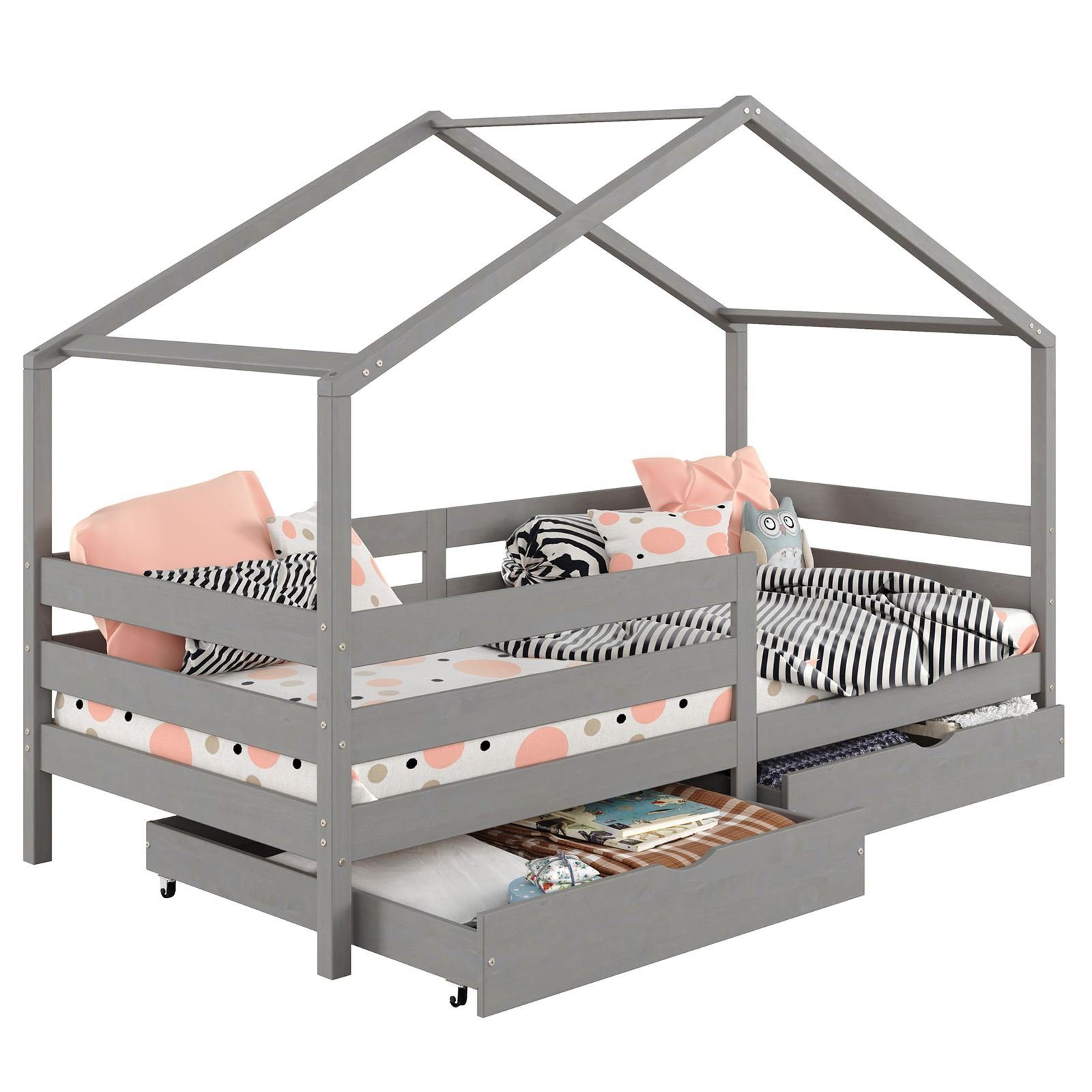IDIMEX Kinderbett ENA, Hausbett Montessori 90 x 200 Tipi Bett Kinderbett Rausfallschutz Kiefe