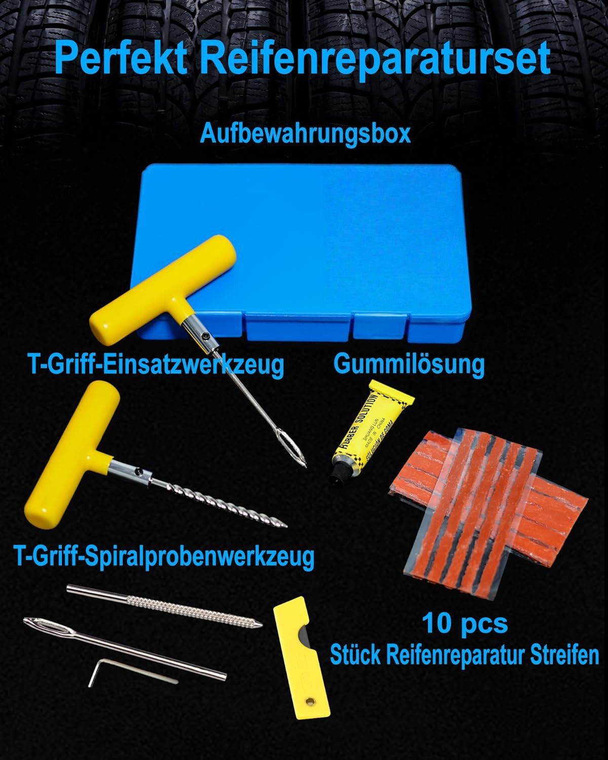 FOUORTUNATE-BEE Reifen-Reparaturset 28-teiliges Reifenreparaturset mit Reparaturstopfen, Multifunktionales Reifenflickset für schlauchlose Reifen