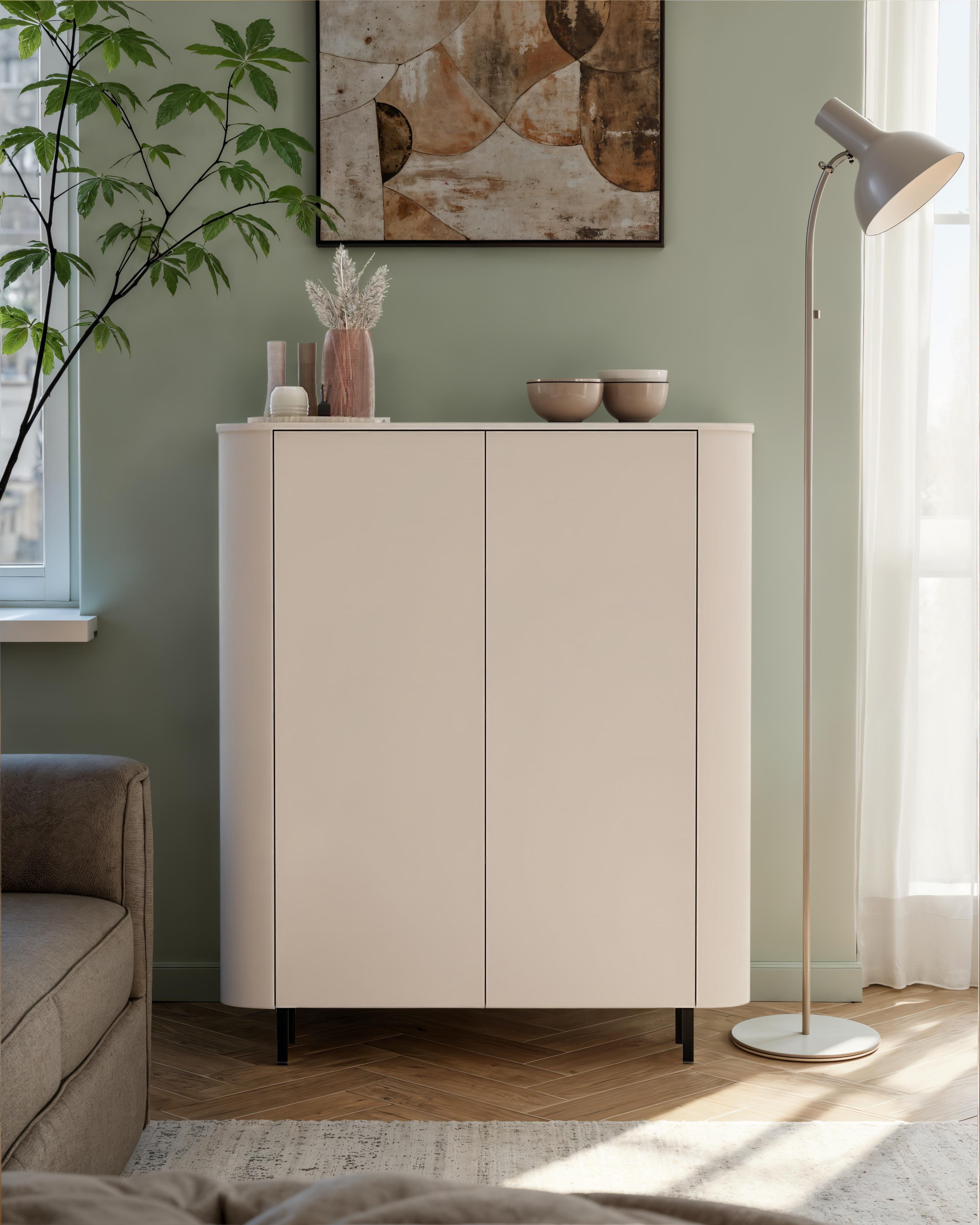 OTTO home Highboard Lido, B/H 131/154 cm, 2 Türen, Stauraumschrank, Hochkommode, Formgebogenes MDF, Stirnseiten mit Rundung, Push-to-open, Metallfüße