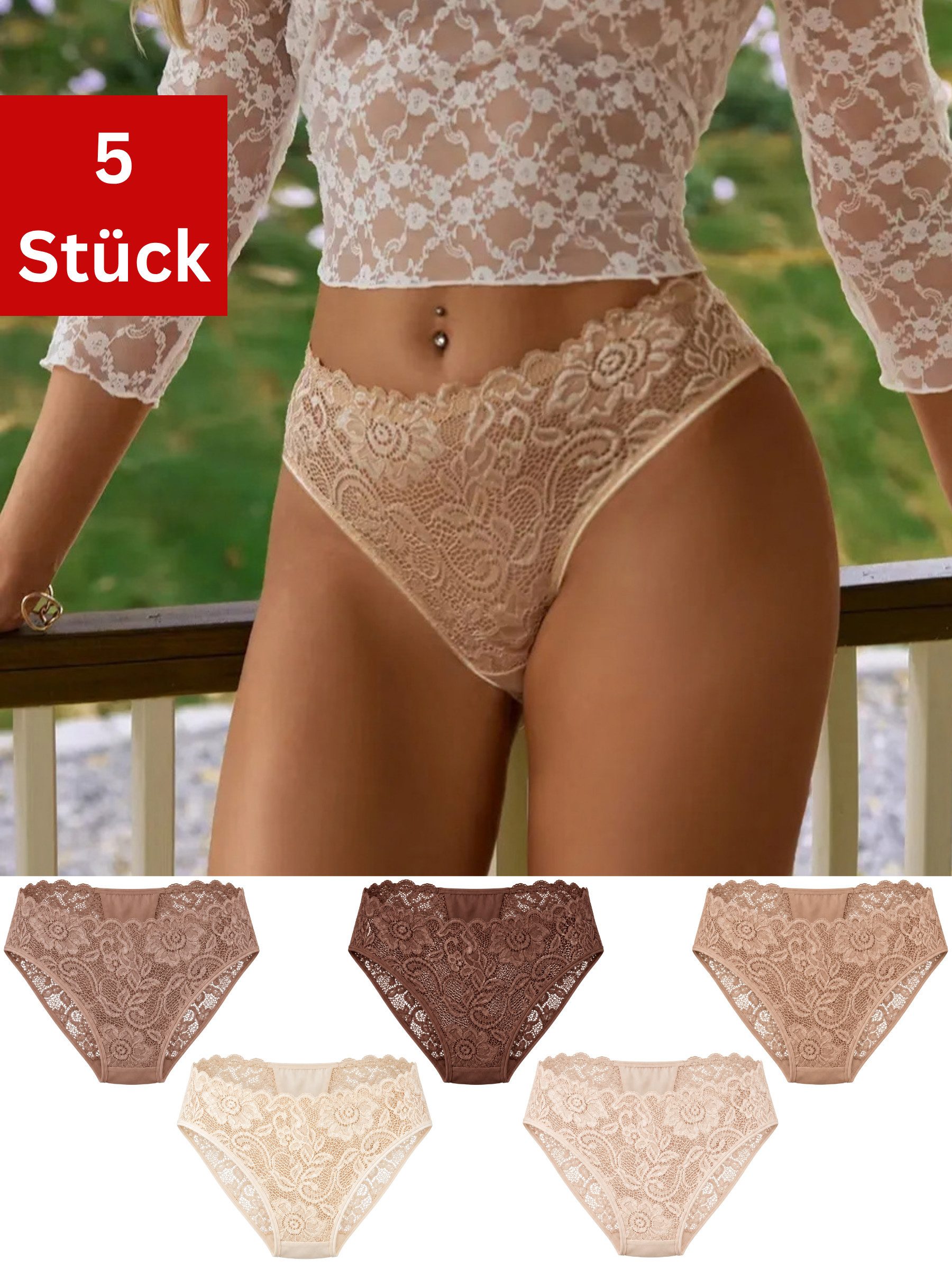 Elegant Love Slip Panty Damen mit floraler Spitze – Unterwäsche mit breiten Seiten (Packung, 5-St., 5er-Pack in verschiedenen Farben) …
