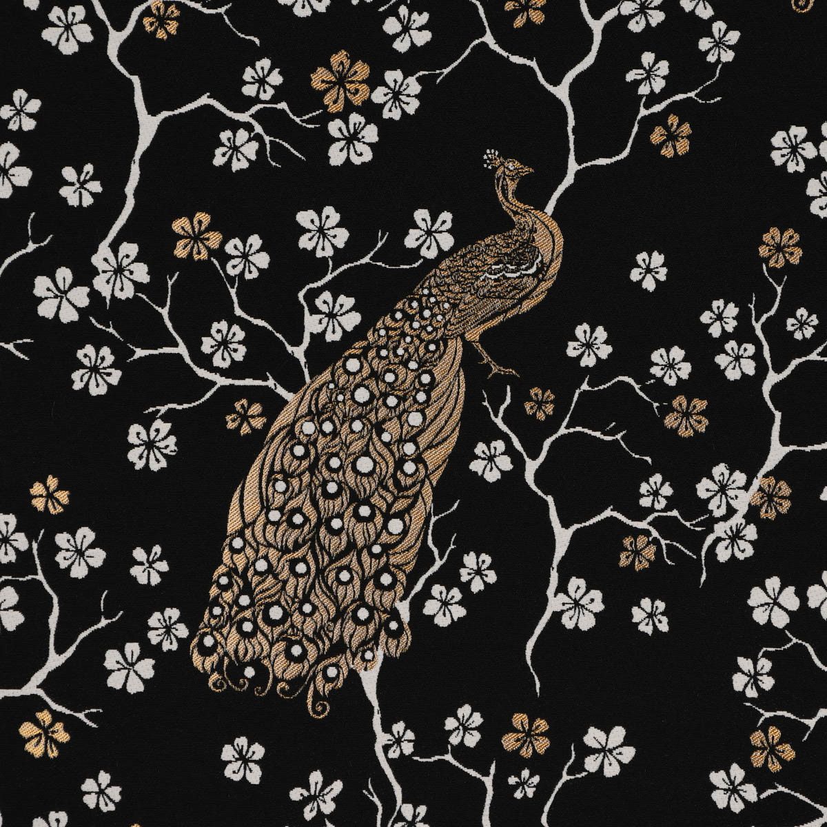 Stoff Dekostoff Meterware Metallic Peacock Blossom Luxury Pfau schwarz gold