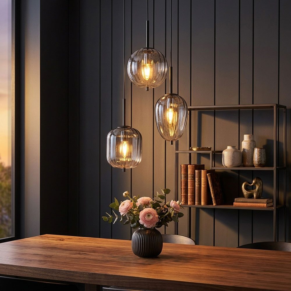 GLOBO LIGHTING Pendelleuchte, Leuchtmittel nicht inklusive, Hängelampe Wohnzimmerleuchte Metall Glas rauch 3 Flammig H 120 cm
