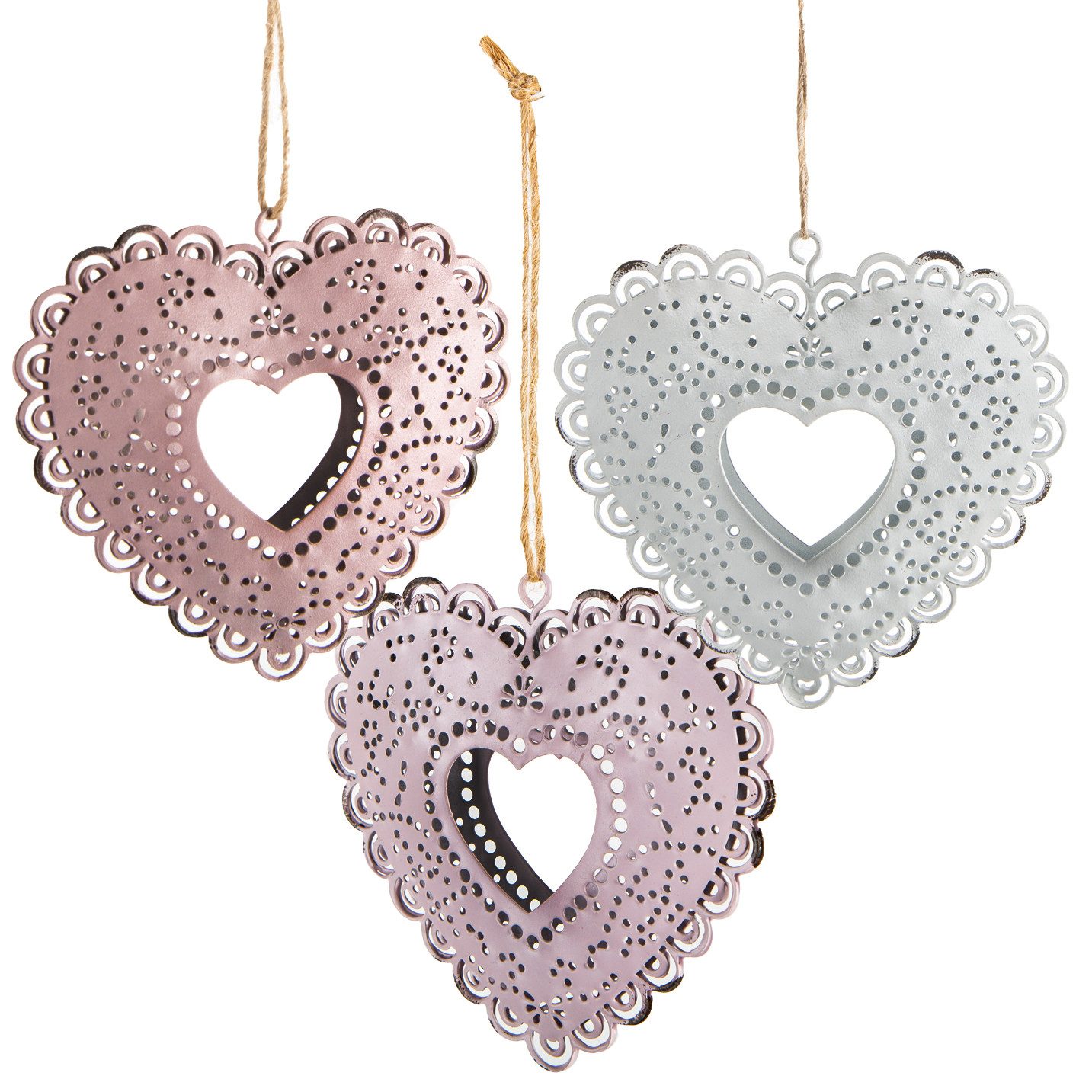 Dekohänger 3 Herzen aus Metall rosa lila weiß 9,5 cm