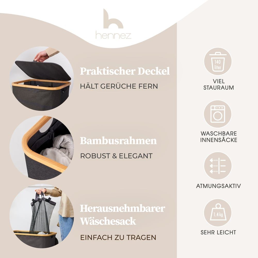 HENNEZ Wäschekorb Bambus mit Deckel 2 günstig online kaufen
