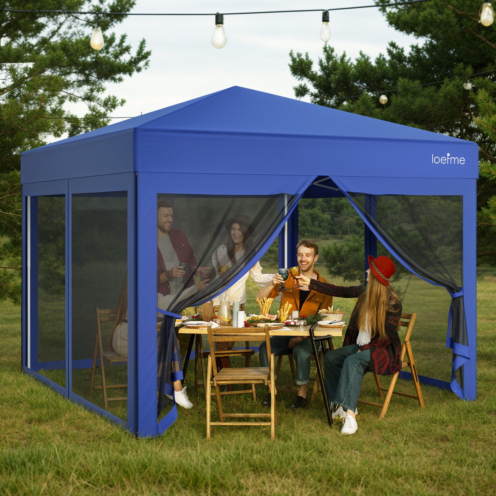 loefme Faltpavillon 3x3m, Pop Up Partyzelt mit 4 abnehmbaren Moskitoseitenwänden, mit 4 Seitenteilen, 3 Höhenverstellungen, wasserdichtes PVC-beschichtetes Gewebe, Blau