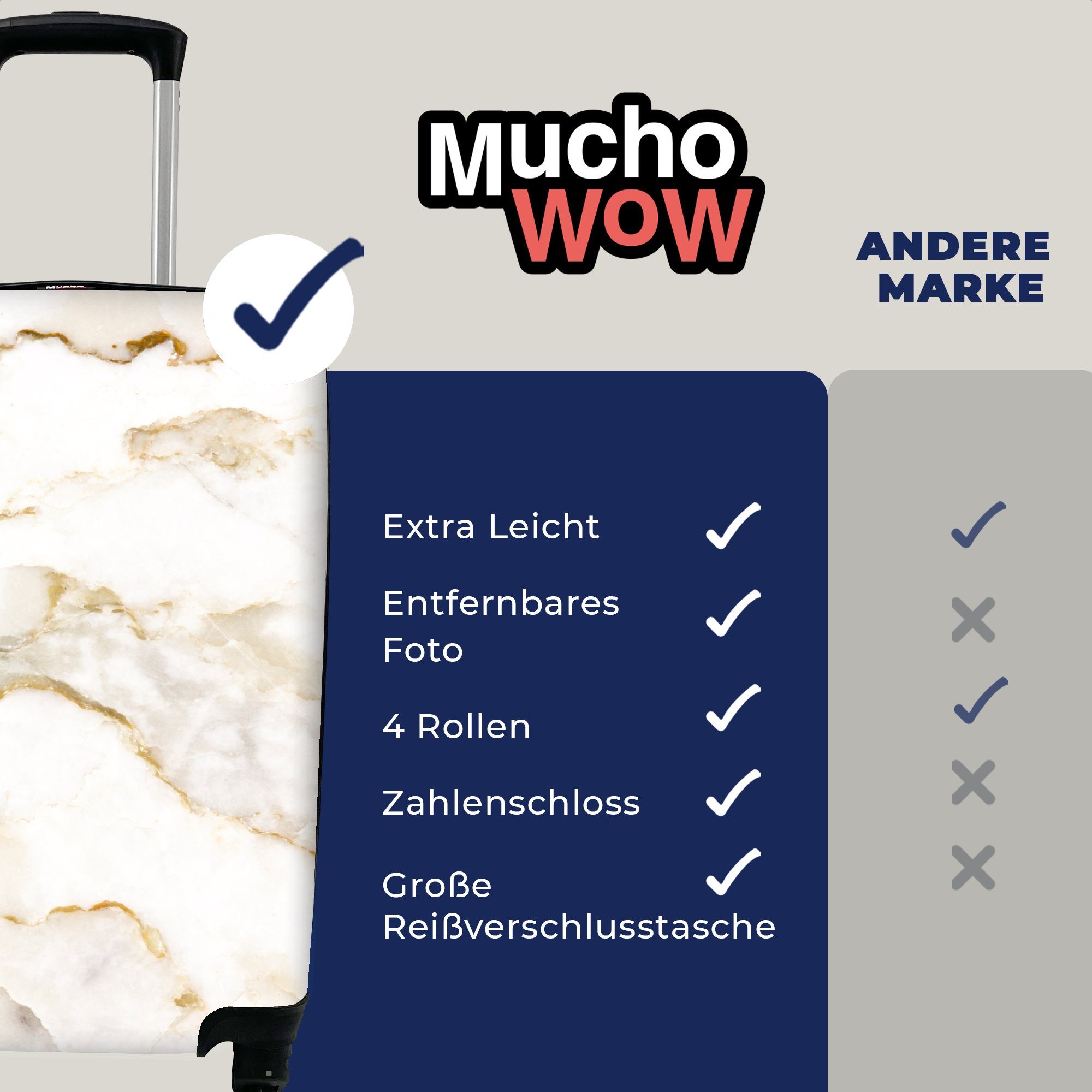 Handgepäck Rollen, Marmoroptik Ferien, Weiß, Marmor Reisekoffer rollen, Gold - Luxus - - MuchoWow 4 Reisetasche - Handgepäckkoffer Limette mit Trolley, für -