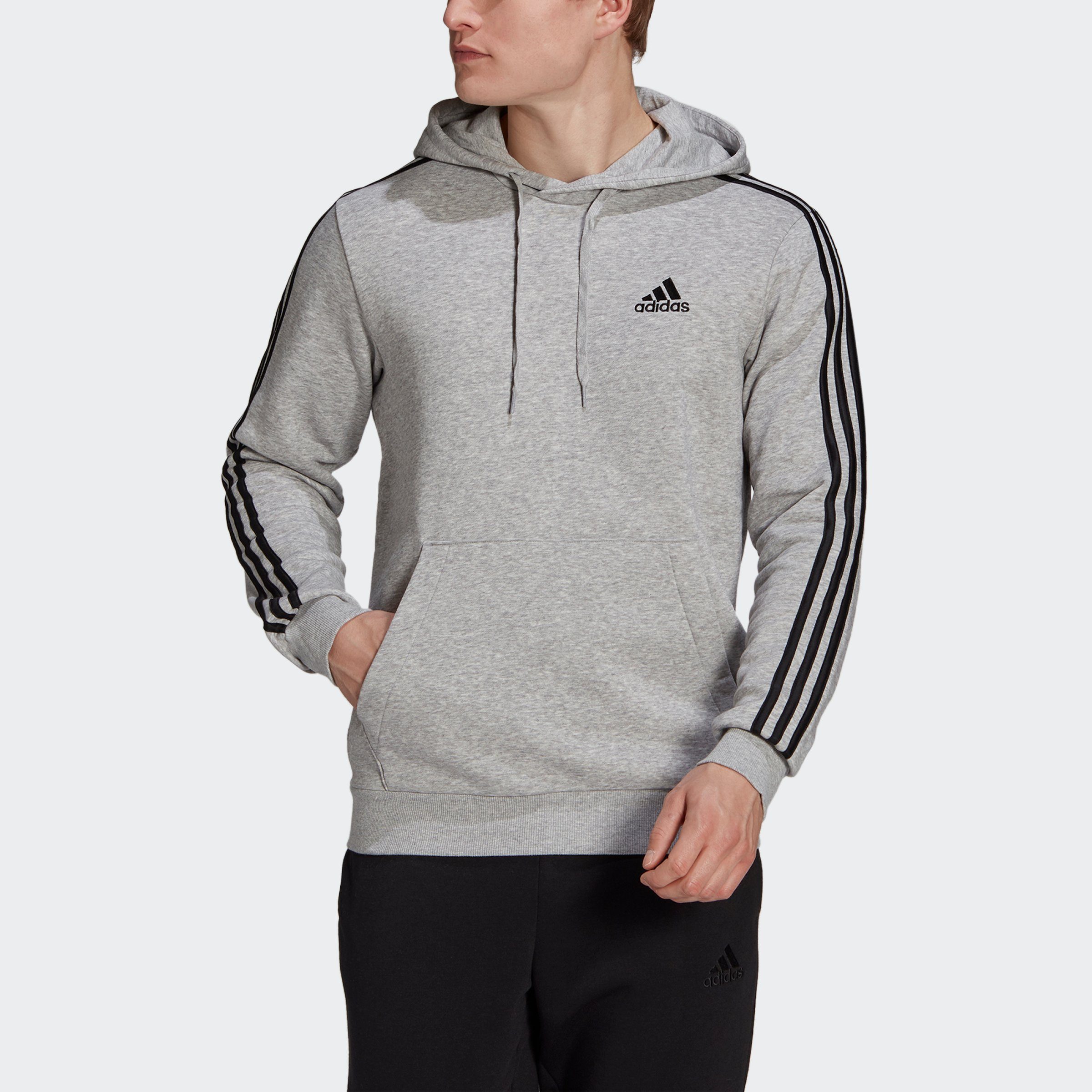 / Grey Heather adidas Sportswear ESSENTIALS HOODIE Black Sweatshirt Medium 3STREIFEN FLEECE