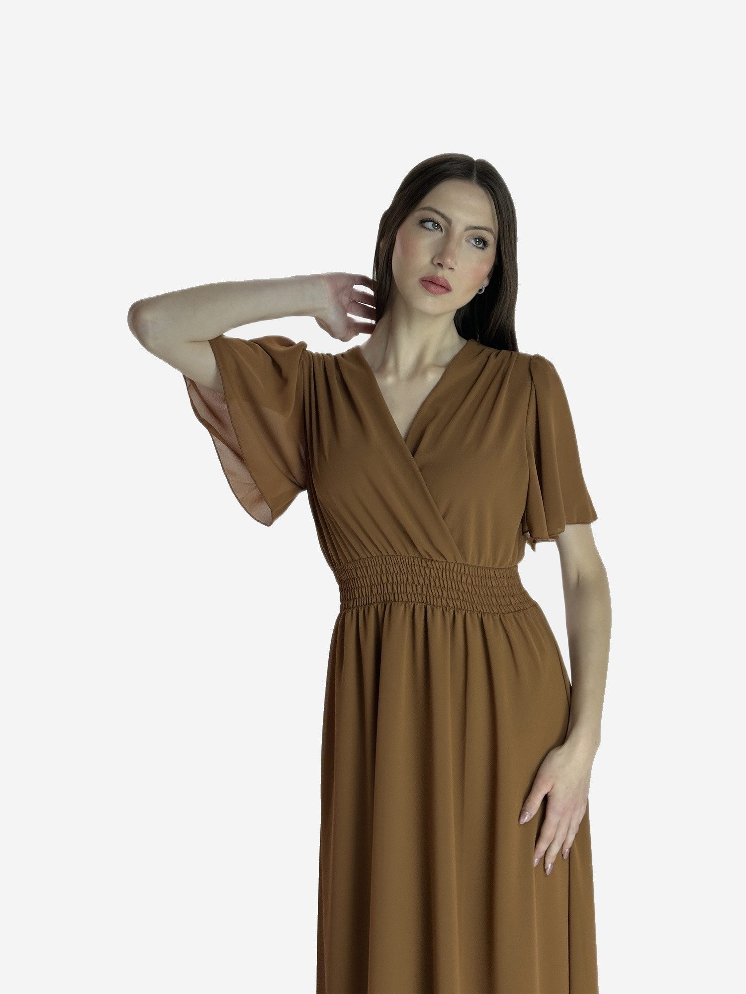 Elara Maxikleid — Damen Sommerkleid mit Wickeloptik, Smoktaille & Flügelärmeln (1-tlg) – Bild 4 von 5
