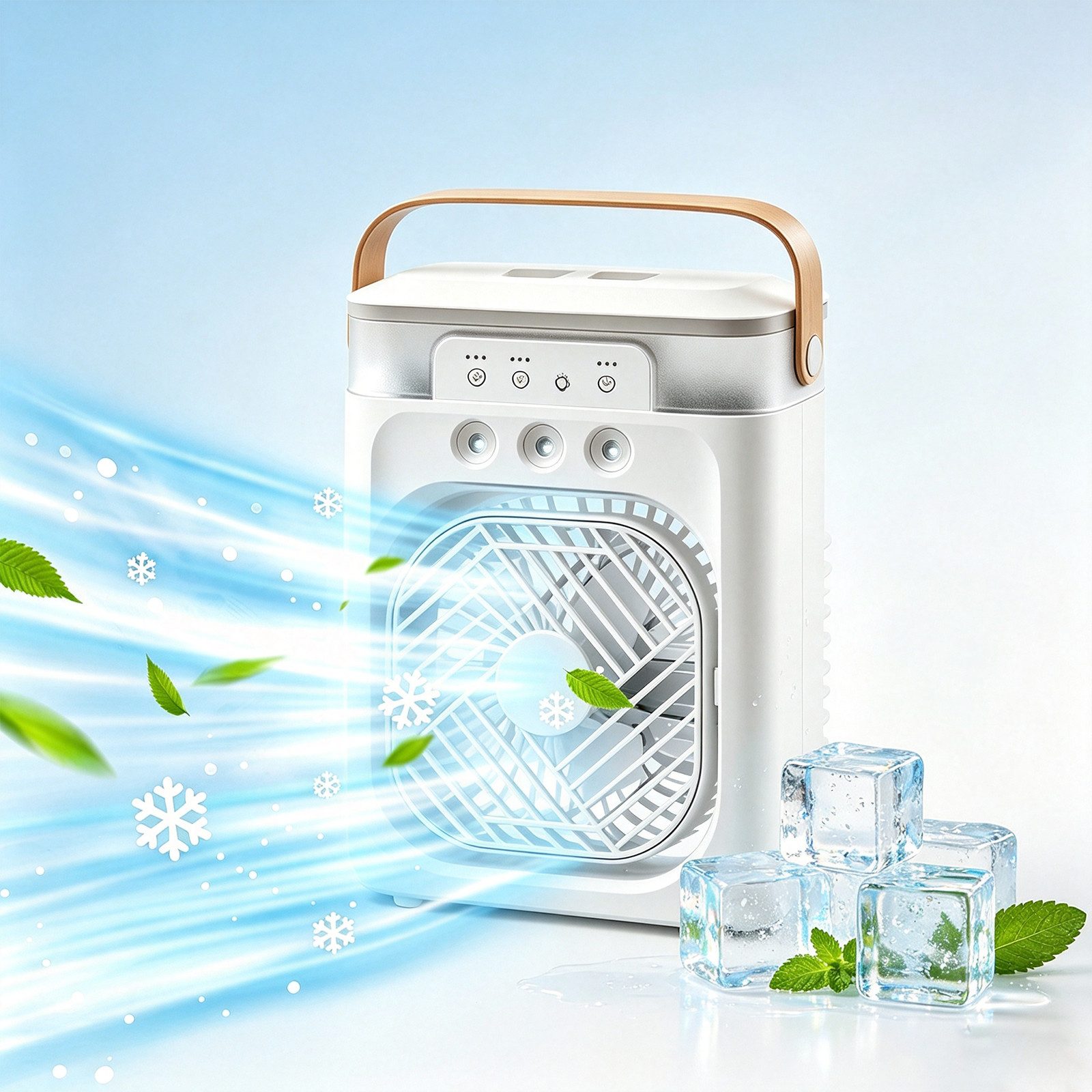 MOPUEA Ventilatorkombigerät 2-in-1 Luftkühler mit Sprühnebel 600ml 3Stufen LED-Licht Timer, Sprühnebel, 7 Farben, 3 Windstufen, Timer und integrierter Tragegriff.