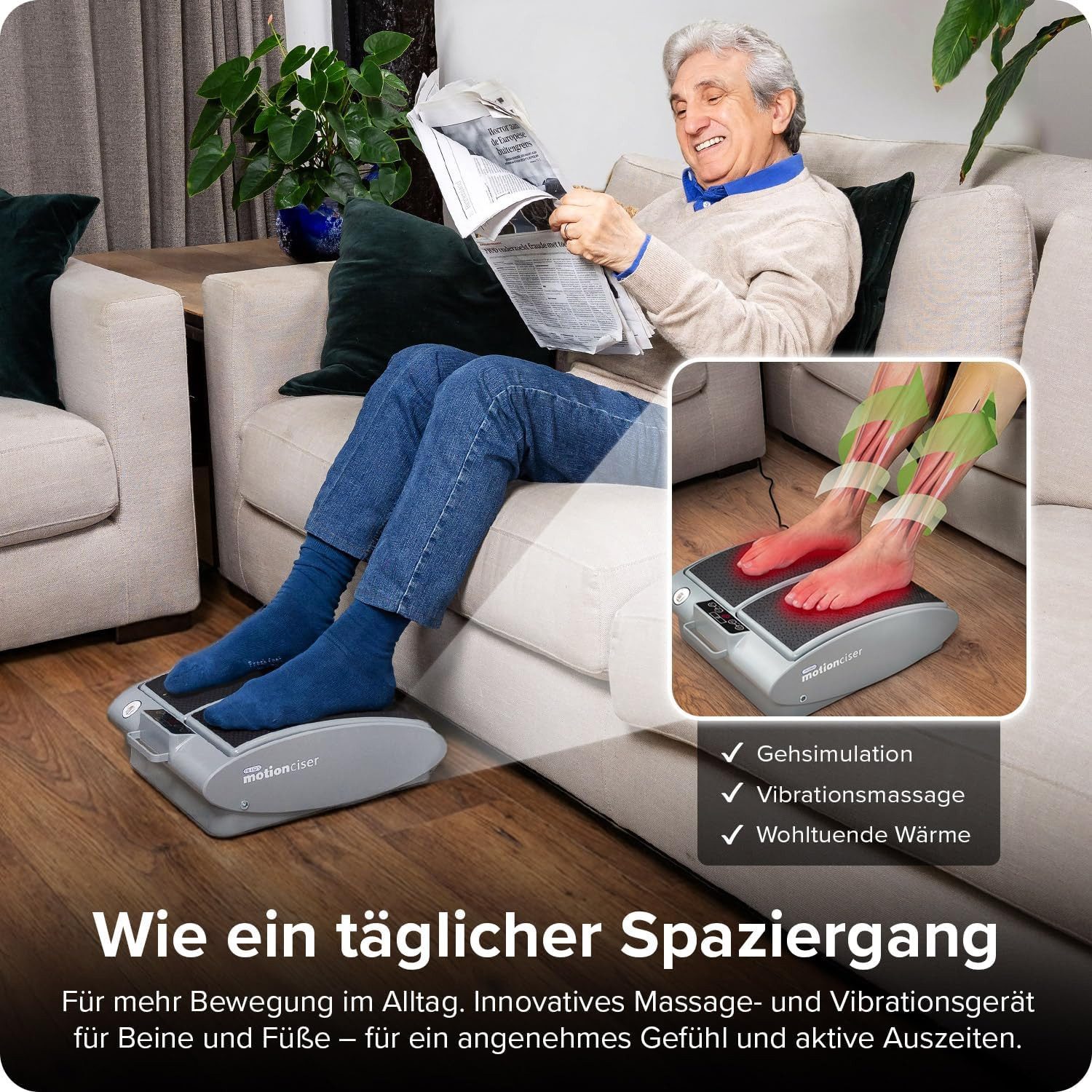 DR-HO'S Fußmassagegerät MotionCiser mit Wärmefunktion, Vibrationsfunktion und Fernbedienung, Set, mit Netzadapter, 2 Widerstandsbändern und LED-Anzeige, sanfte Geh-Simulation, 10 Vibrationsstufen und 5 Temperaturstufen