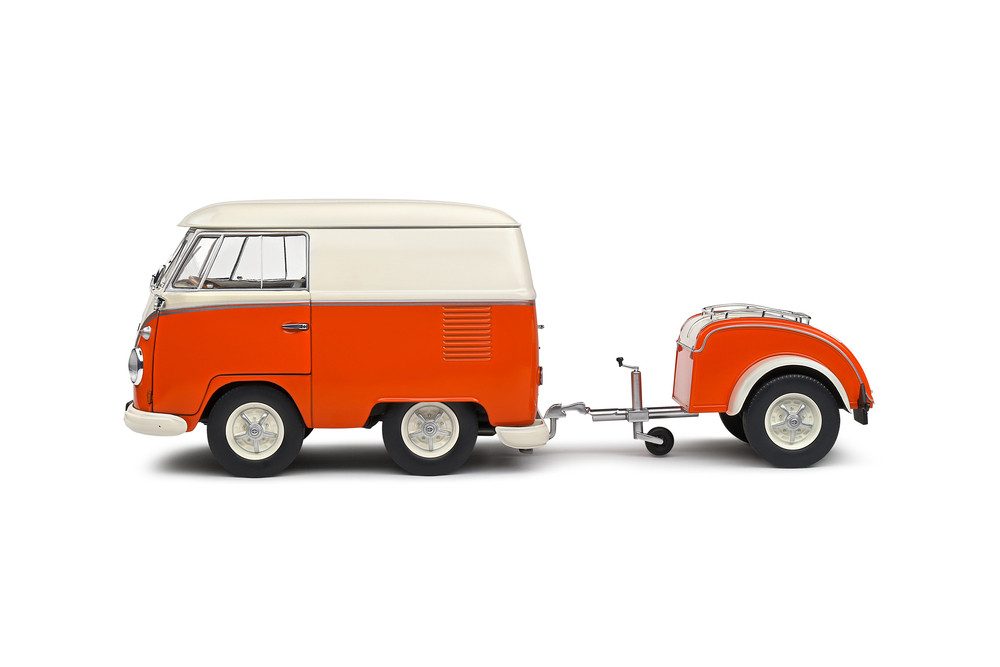 Solido Modellauto VW T1 Bus Kool Kombi orange weiß mit Anhänger, Maßstab 1:18