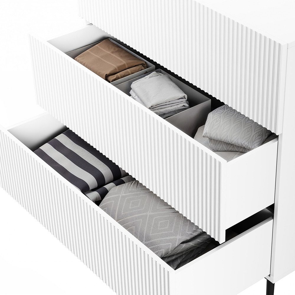 Lomadox Kommode NAVASOTA-141, 100 cm breit, weiß matt mit schwarzen Beinen, 3 Schubladen