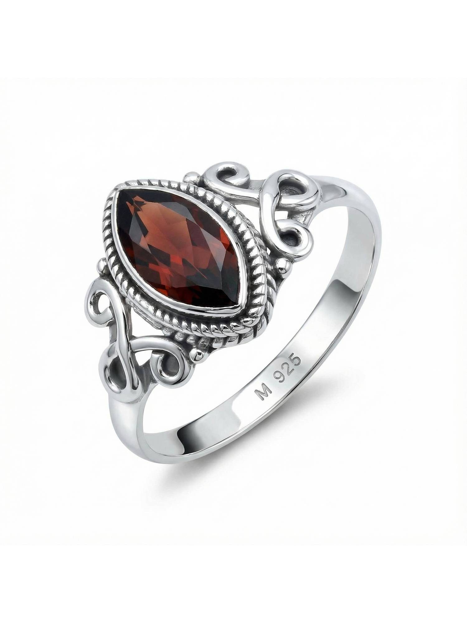 mantraroma Silberring BAGHIMI Ellipse aus 925 Silber mit Granat facettiert (Ring mit Schmuckbeutel), Damenring aus 925er Silber