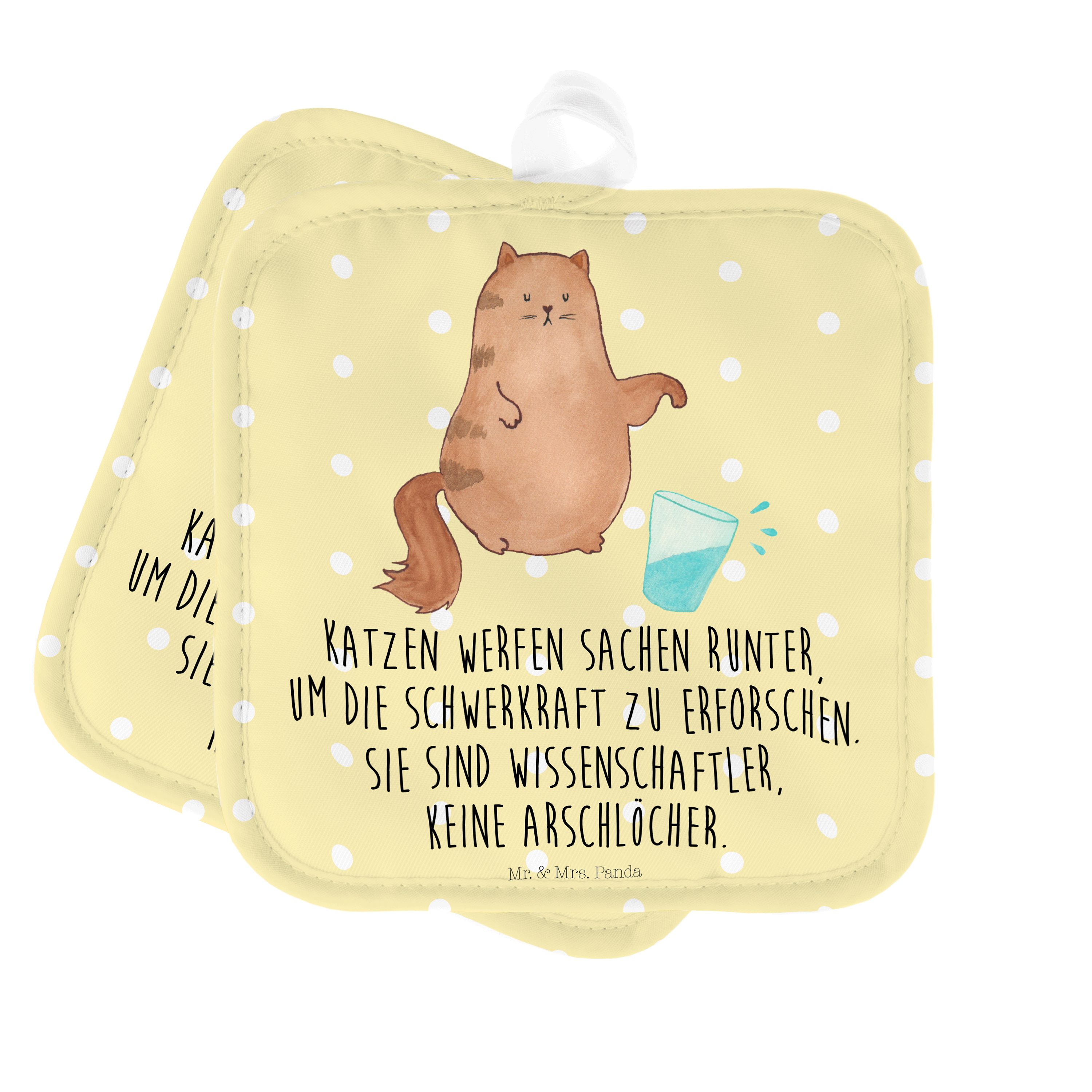 Mr. & Mrs. Panda Topflappen Katze Wasserglas - Gelb Pastell - Geschenk, Katzenmotive, lustig, To, (1-tlg)