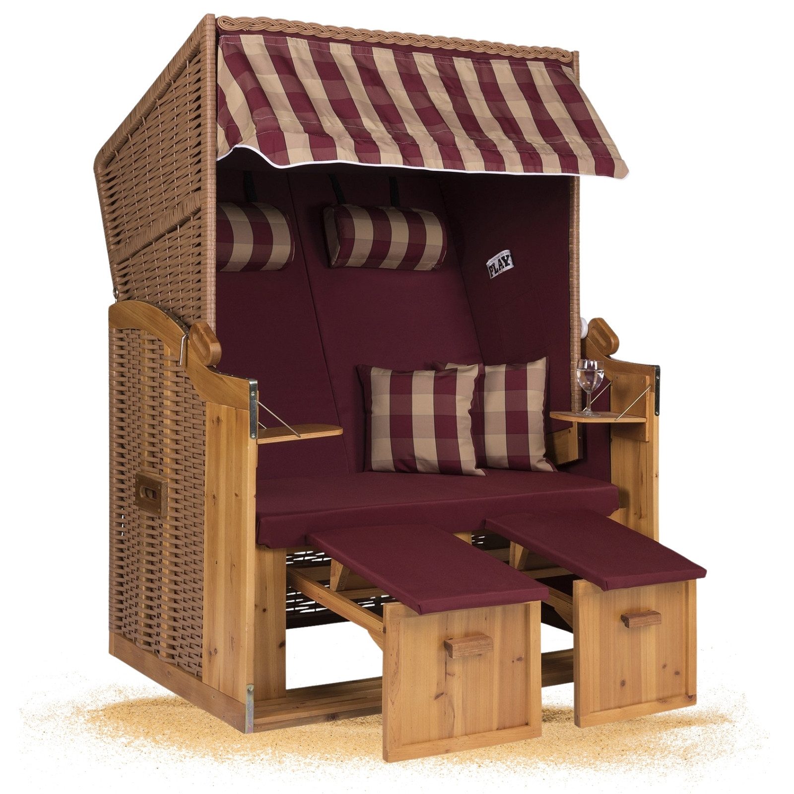 Strandkorb Hanse Strandkorb Strandkorb Ostsee 2 Sitzer rot beige kariert, BxTxH: 120x80x160 cm, Volllieger, Ostsee-Modell, (1-tlg), Stabiles Wacholder mit handgefertigtem Polyrattangeflecht