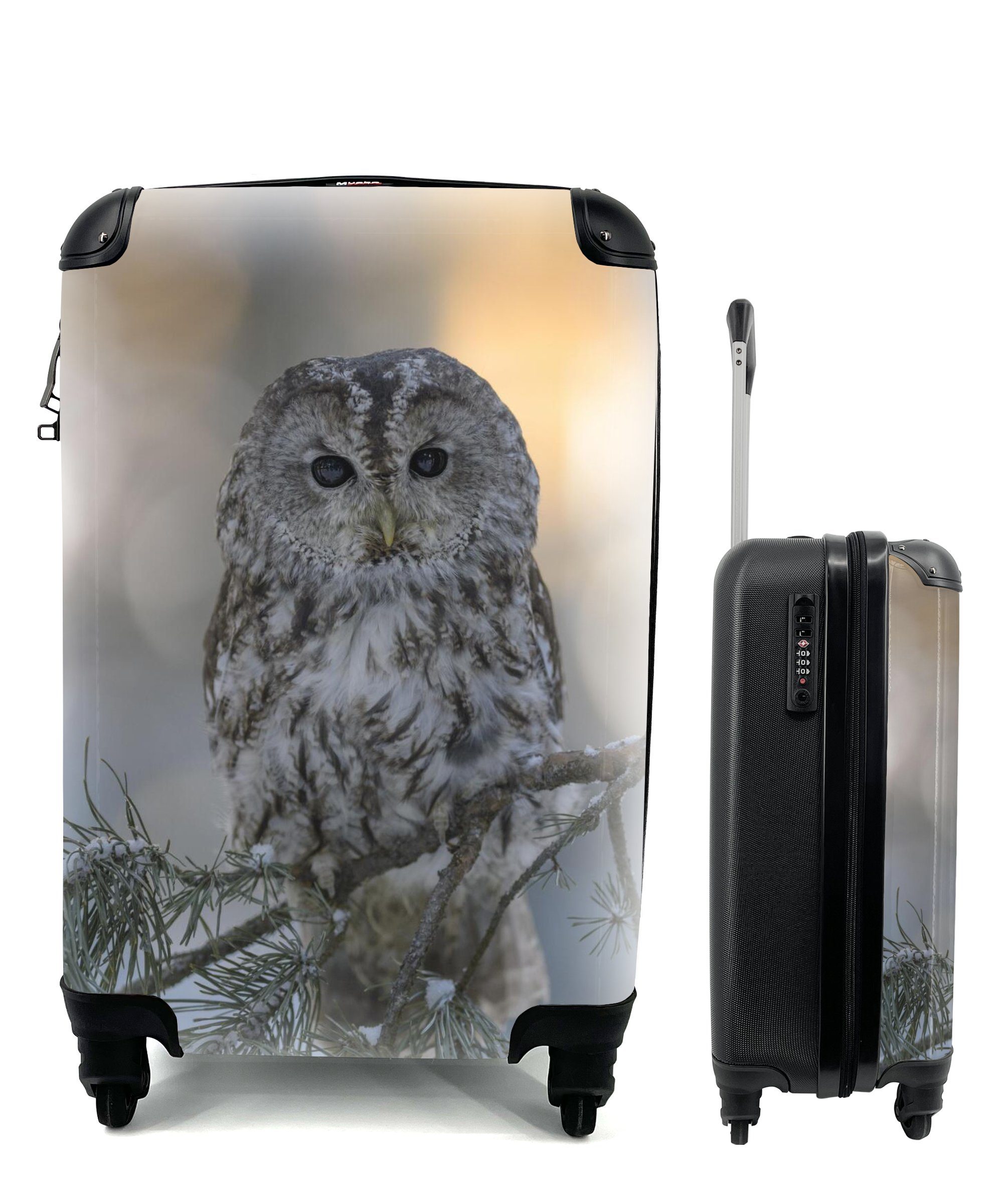 MuchoWow Handgepäckkoffer Nahaufnahme eines Waldkauzes auf einem verschneiten Ast, 4 Rollen, Reisetasche mit rollen, Handgepäck für Ferien, Trolley, Reisekoffer