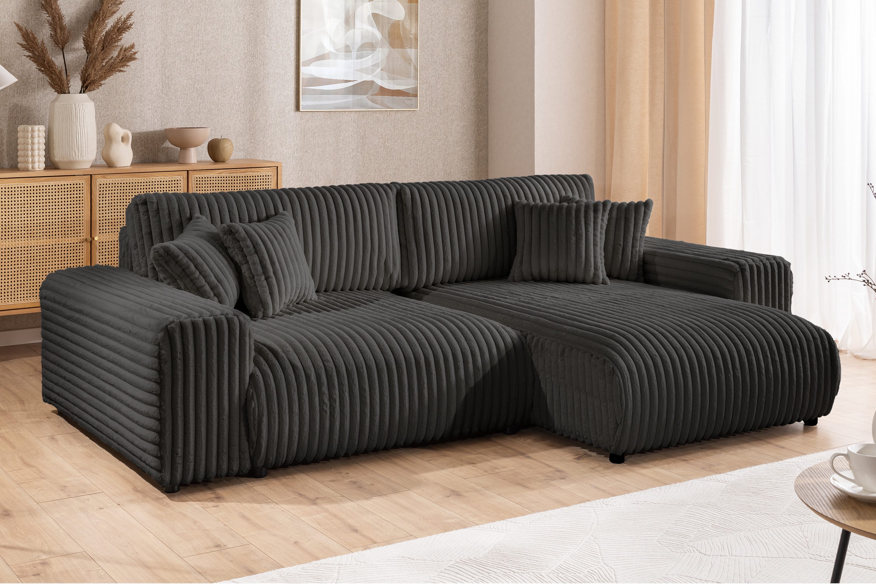 Ecksofa Mollis mit Schlaffunktion und Bettkasten aus Plüschcord