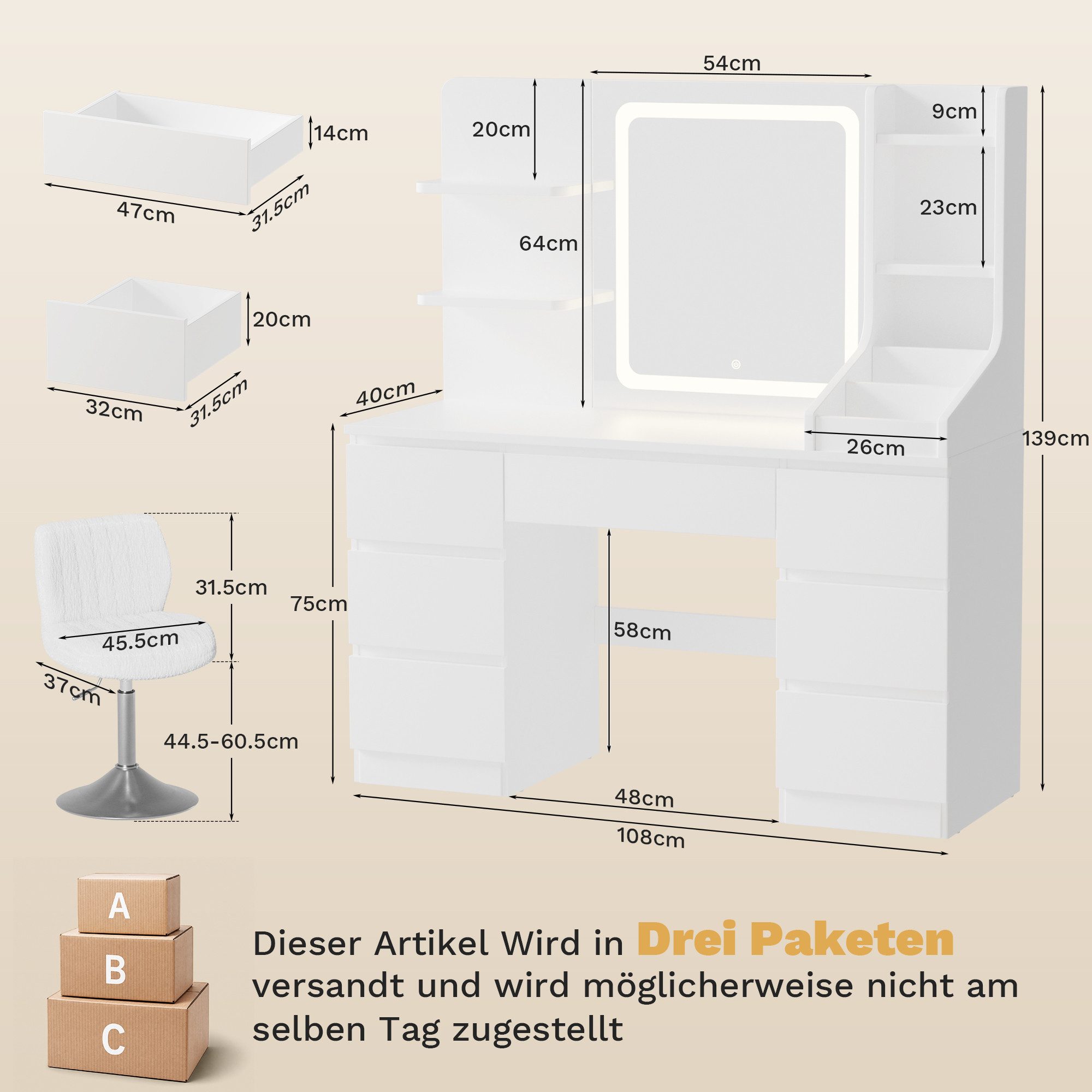 HOMALL Schminktisch LED-Spiegel, 7 Schubladen, 110 cm breit, Aufbewahrungshocker optional (Schminktisch mit dimmbarem LED-Spiegel (3 Farben), 7 Schubladen + 8 F – Bild 2 von 5