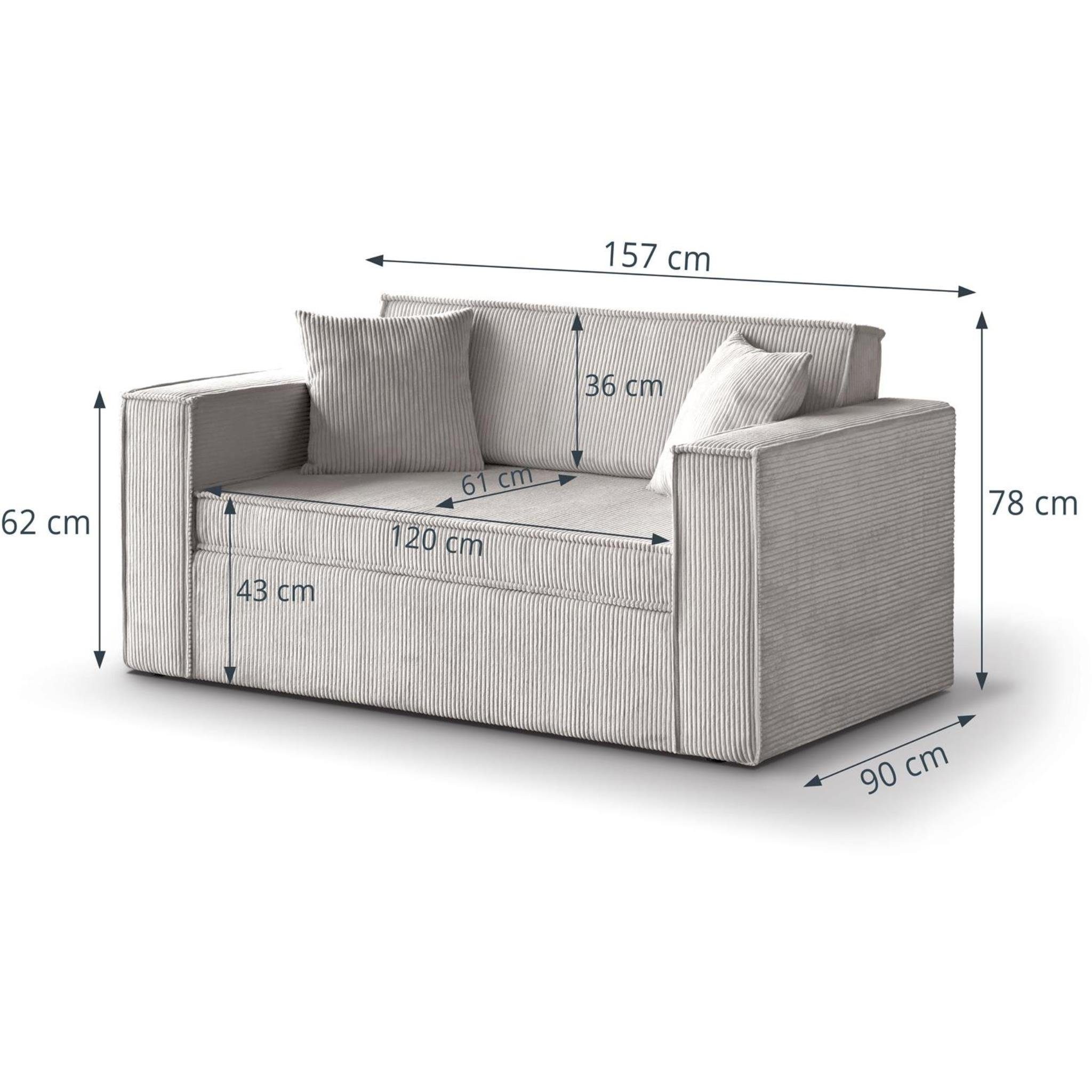 cm, 122 x 60) Liegefläche Sofa II, 188 cm (poso mit modernes Doppelsofa Dave für Grau Wohnzimmer, Loungesofa Bettkasten, Schlafsofa 157 aus Cordstoff Beautysofa Relaxfunktion,